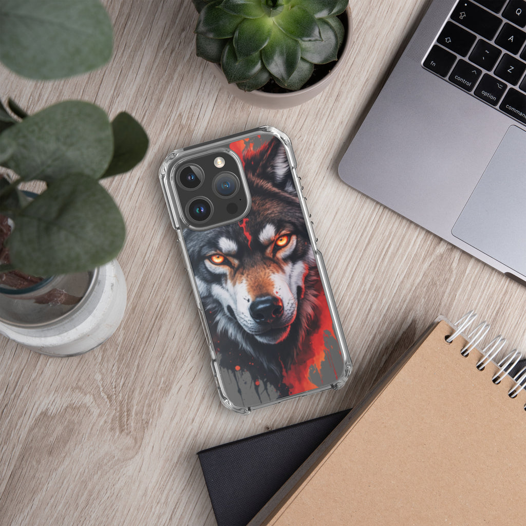 Dual Flame Wolf Clear Case for iPhone 16 Pro - Fierce Wolf Artwork Protective Cover