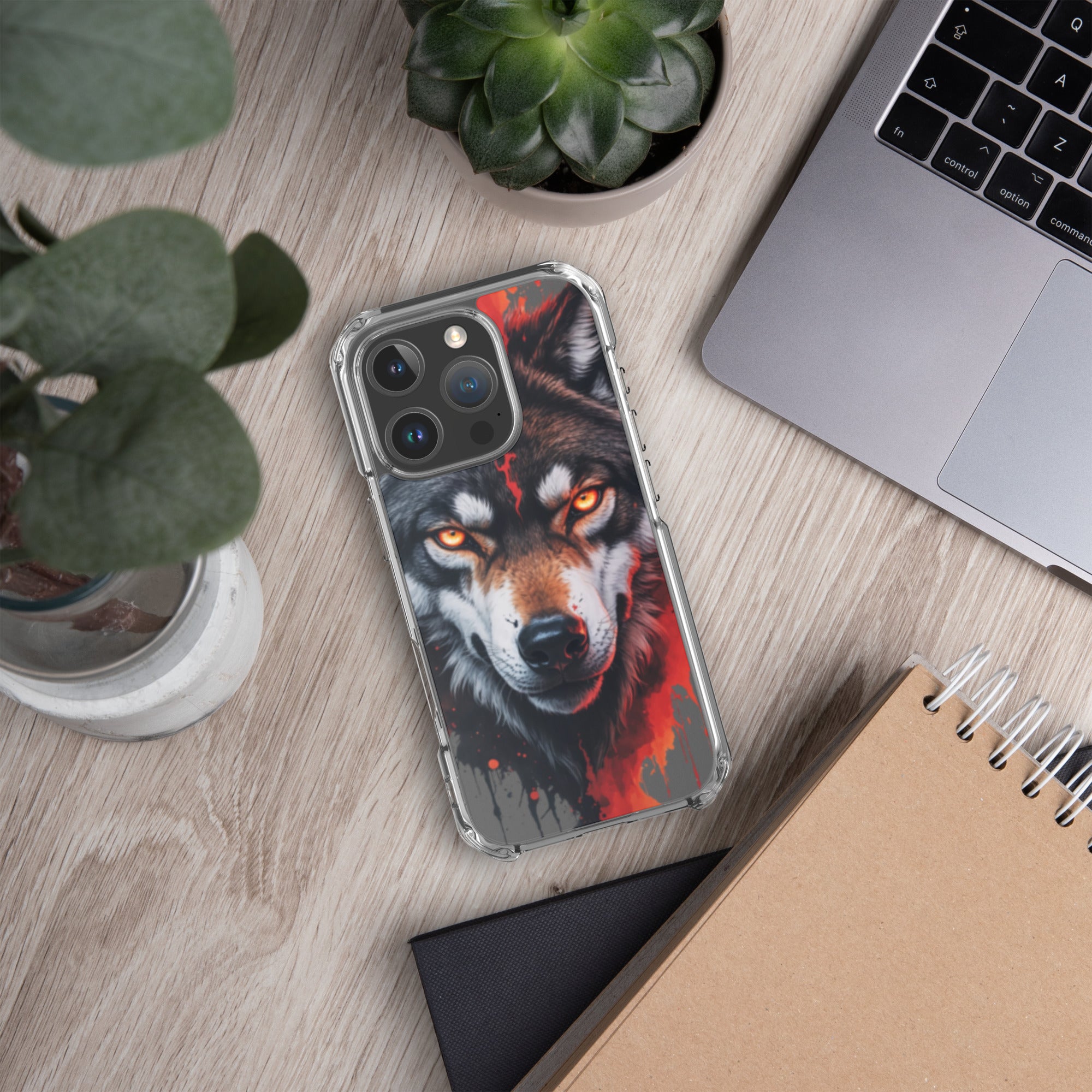 Dual Flame Wolf Clear Case for iPhone 16 Pro - Fierce Wolf Artwork Protective Cover