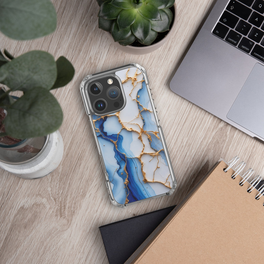 Royal Blue Marble Luxe Clear Case for iPhone 16 Pro - Luxury Blue & Gold Marble Protective Cover