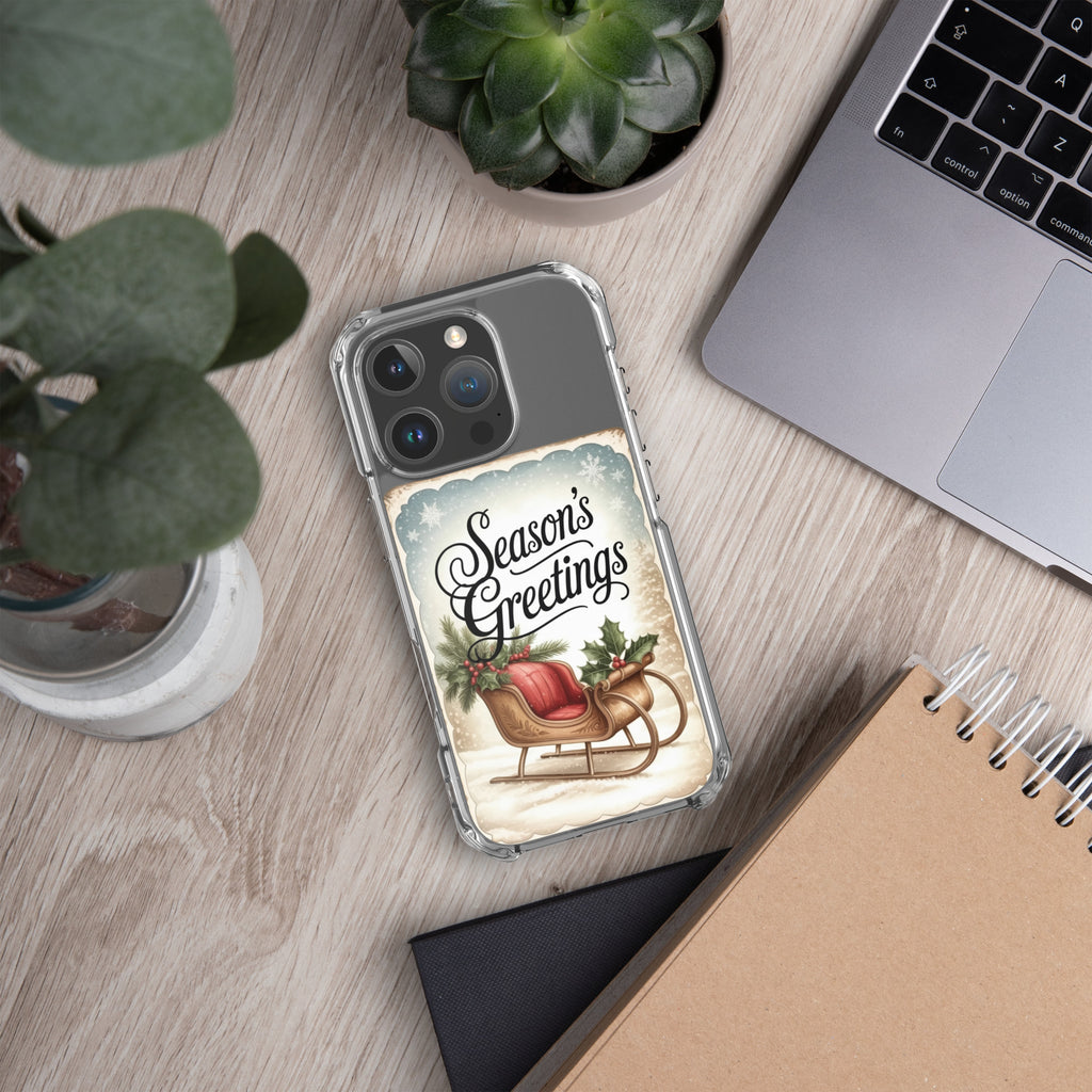 Season’s Greetings Vintage Holiday Clear Case for iPhone 16 Pro - Retro Christmas Sleigh Festive Cover
