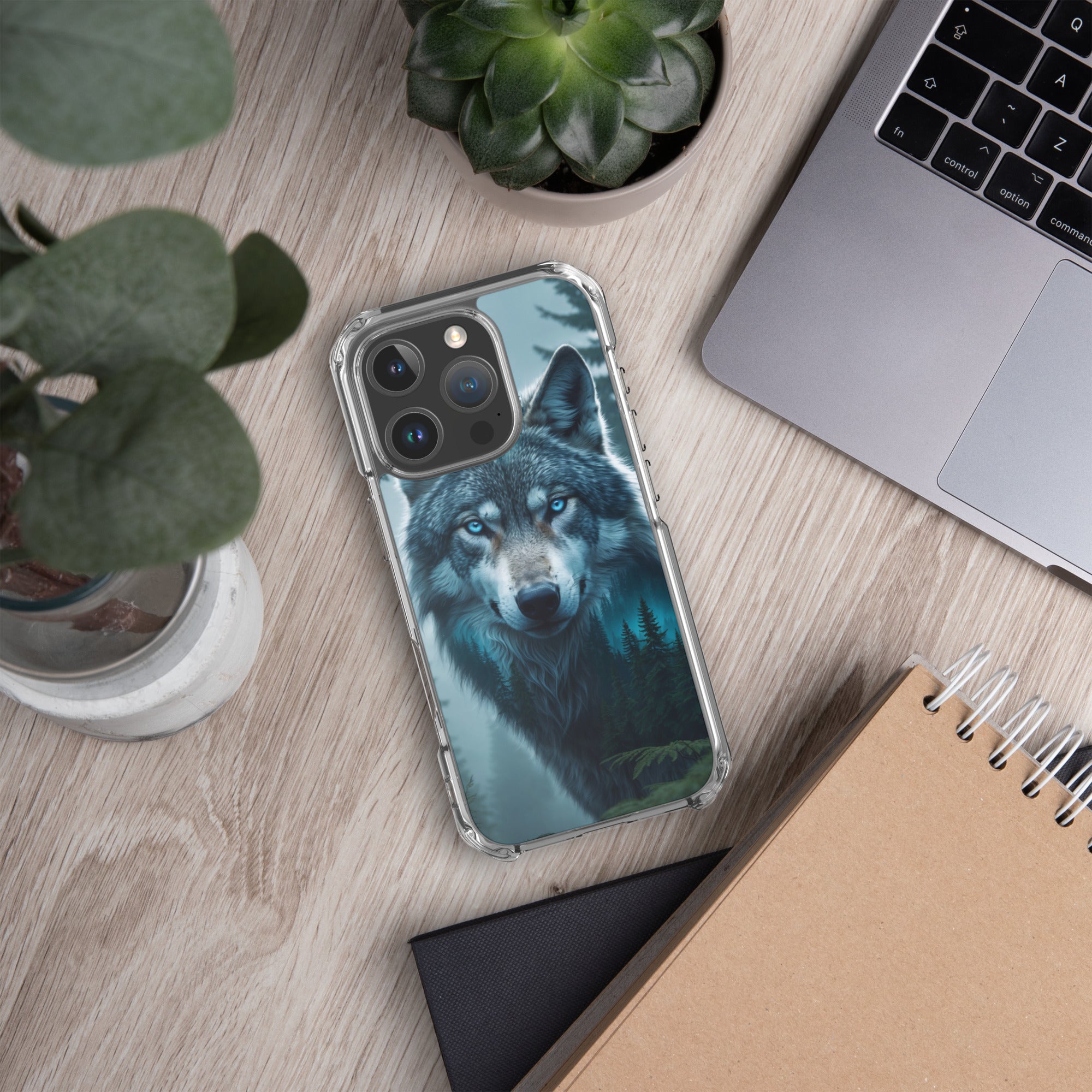 Arctic Forest Wolf Clear Case for iPhone 16 Pro - Blue-Eyed Wolf Nature Protective Cover