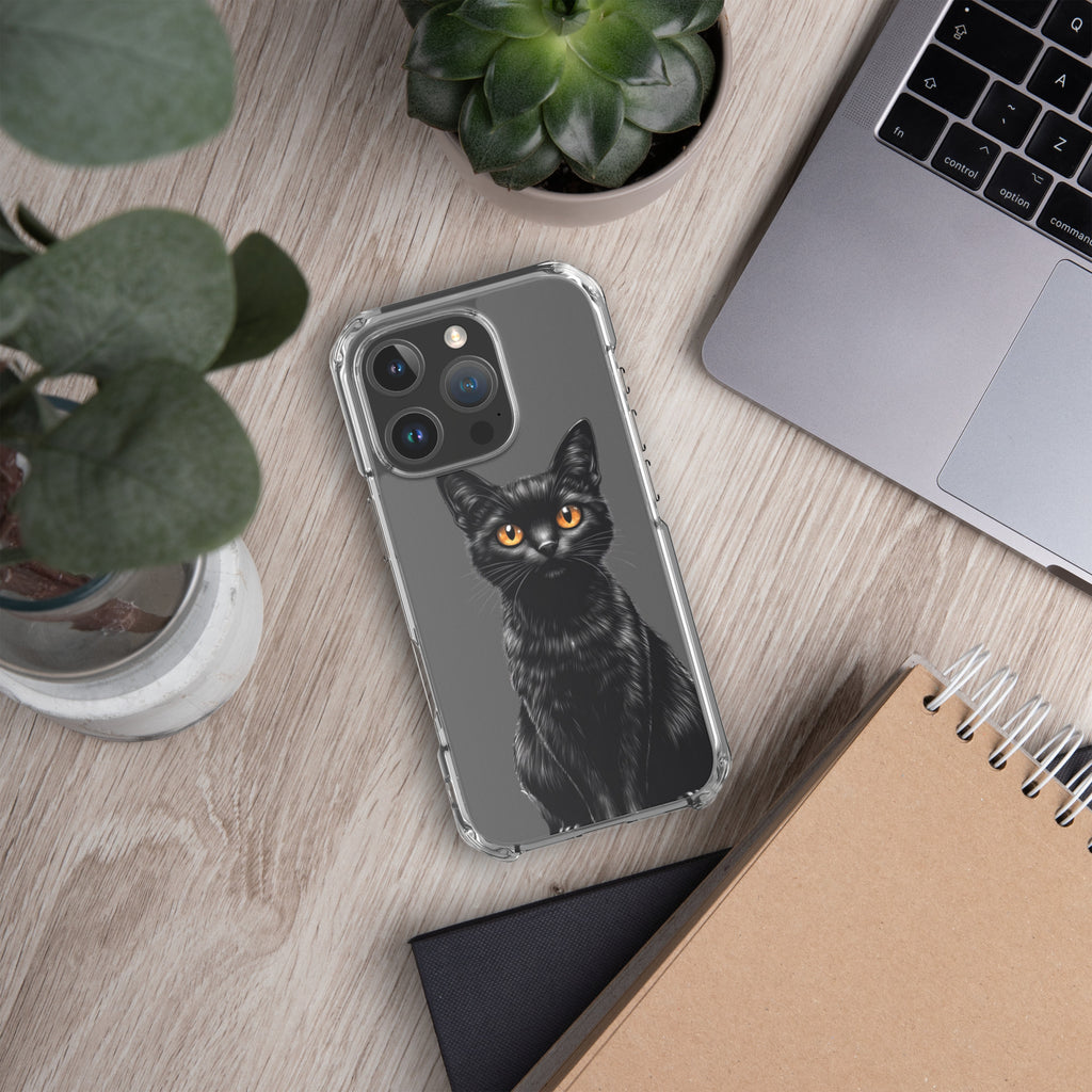 Midnight Black Cat Clear Case for iPhone 16 Pro - Elegant Black Cat Illustration Protective Cover