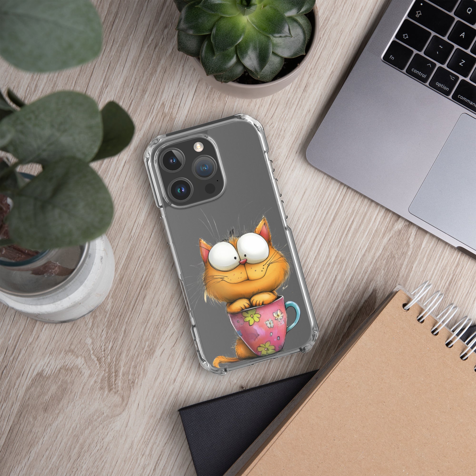 Goofy Cat in Cup Clear Case for iPhone 16 Pro - Funny Cartoon Kitty Protective Cover
