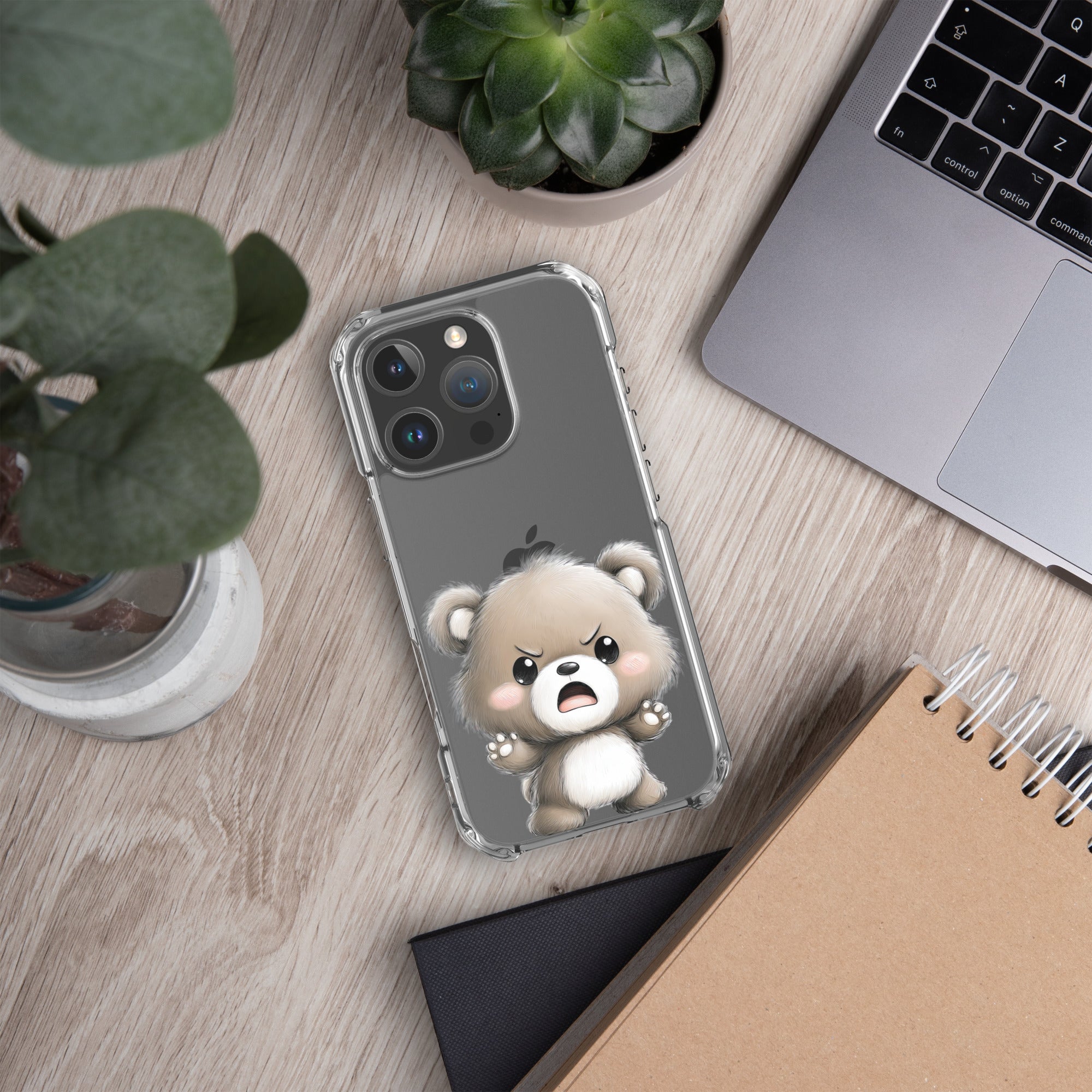 Angry Cute Bear Clear Case for iPhone 16 Pro - Funny Kawaii Bear Protective Cover