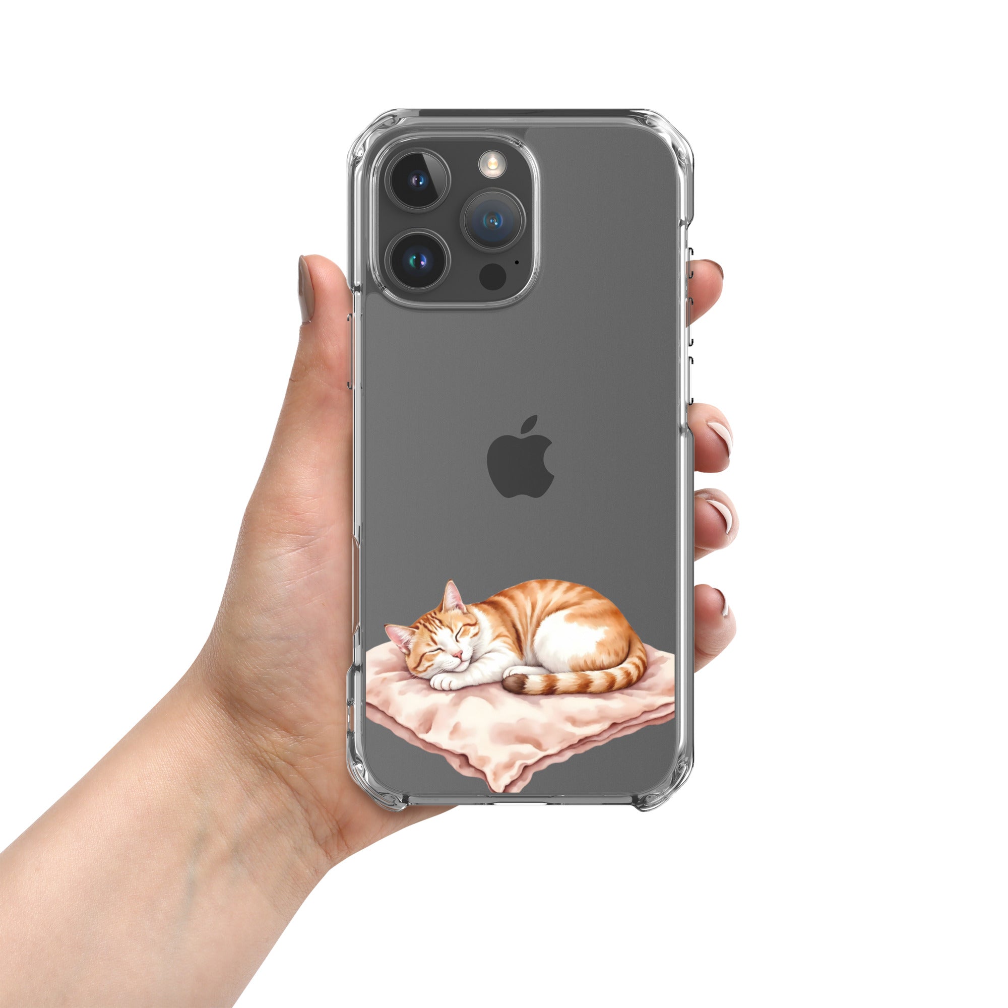 Sleepy Cat on Pillow Clear Case for iPhone 16 Pro Max - Cute Cozy Kitty Illustration Protective Cover