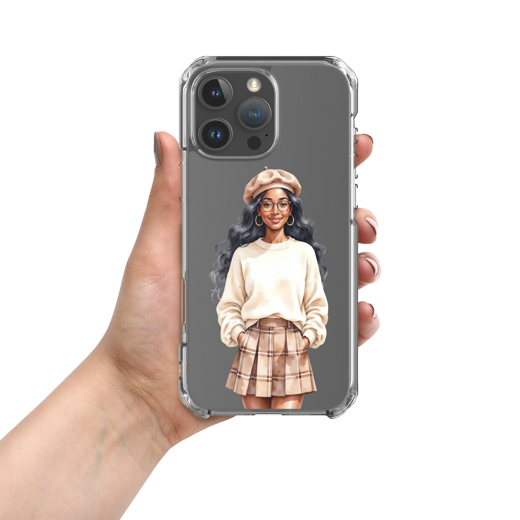Cozy Plaid Autumn Girl Clear Case for iPhone 16 Pro Max - Fashion Illustration Protective Cover