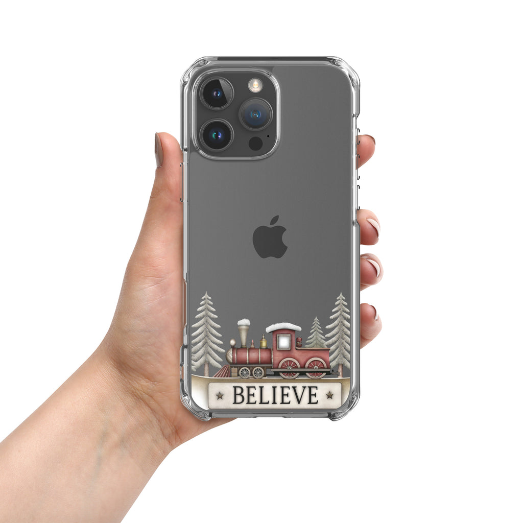 Christmas Believe Train Clear Case for iPhone 16 Pro Max - Vintage Holiday Train Illustration Protective Cover