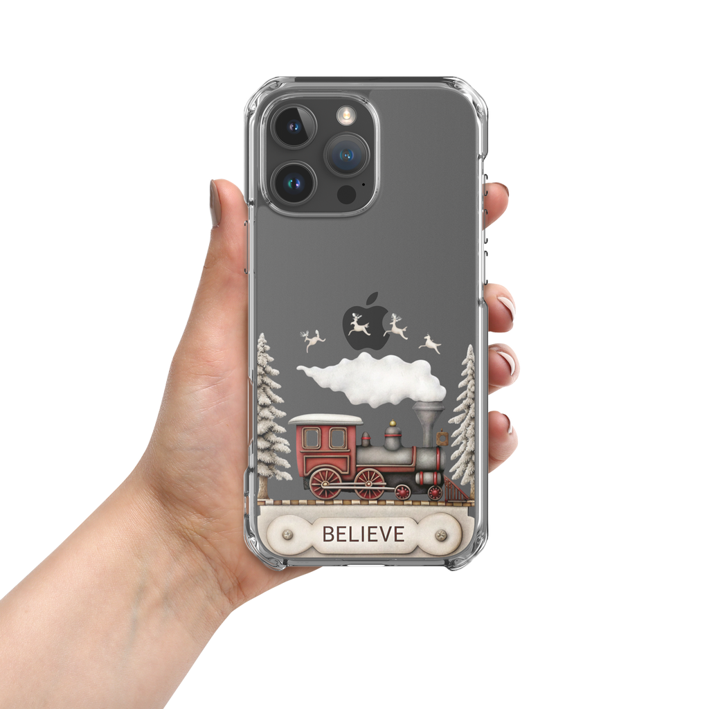 Believe Christmas Train Clear Case for iPhone 16 Pro Max - Vintage Holiday Locomotive Winter Scene Cover
