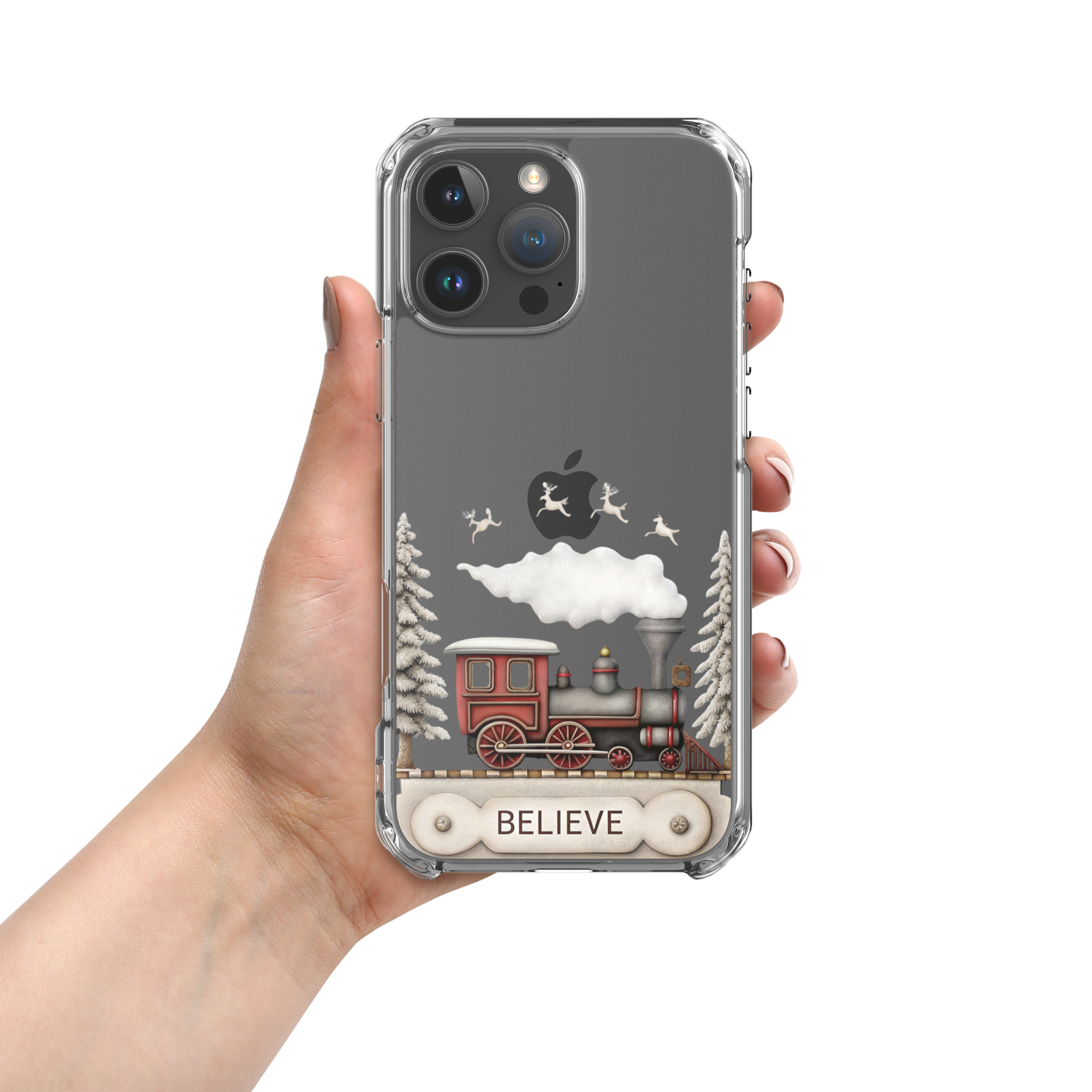Believe Christmas Train Clear Case for iPhone 16 Pro Max - Vintage Holiday Locomotive Winter Scene Cover