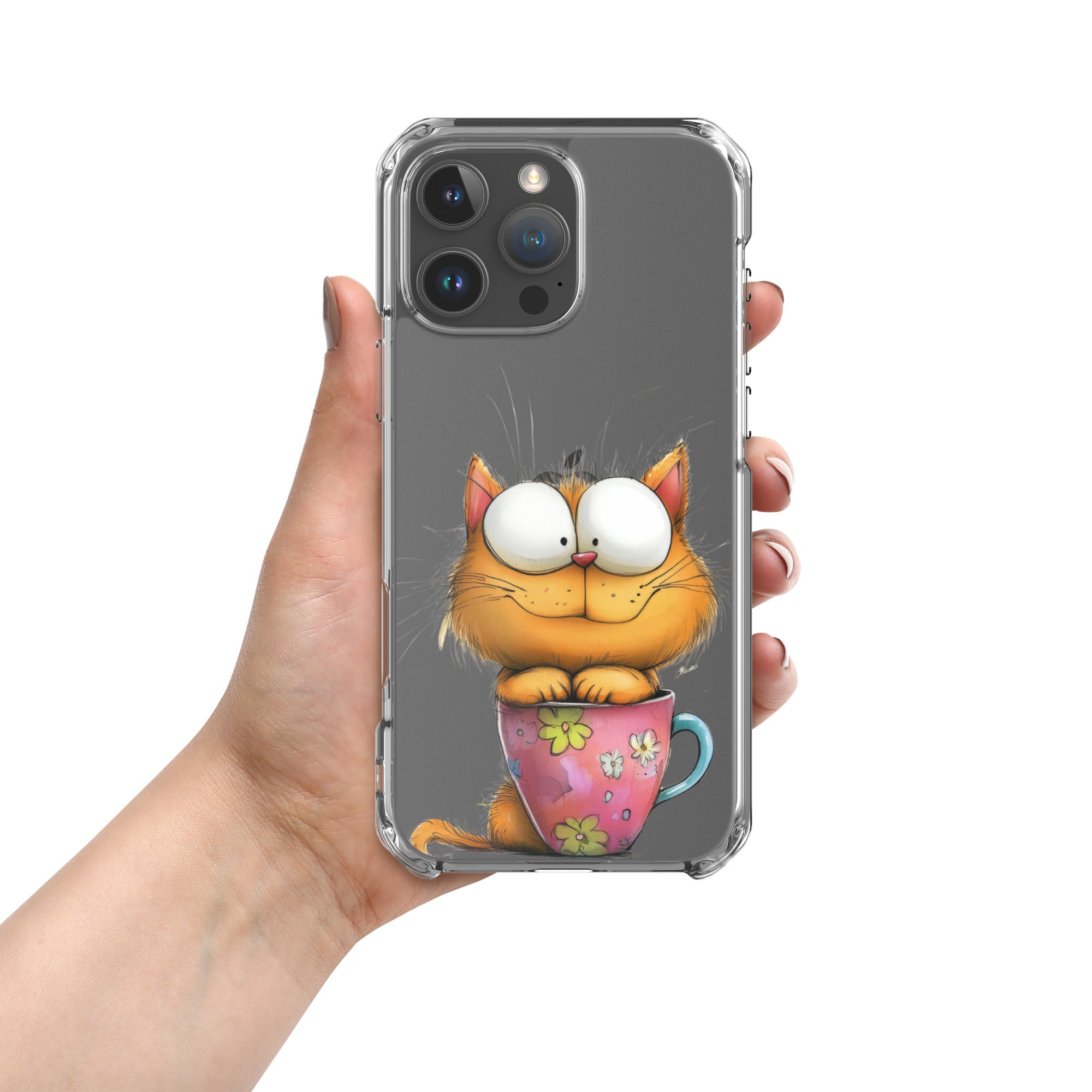Goofy Cat in Cup Clear Case for iPhone 16 Pro Max - Funny Cartoon Kitty Protective Cover