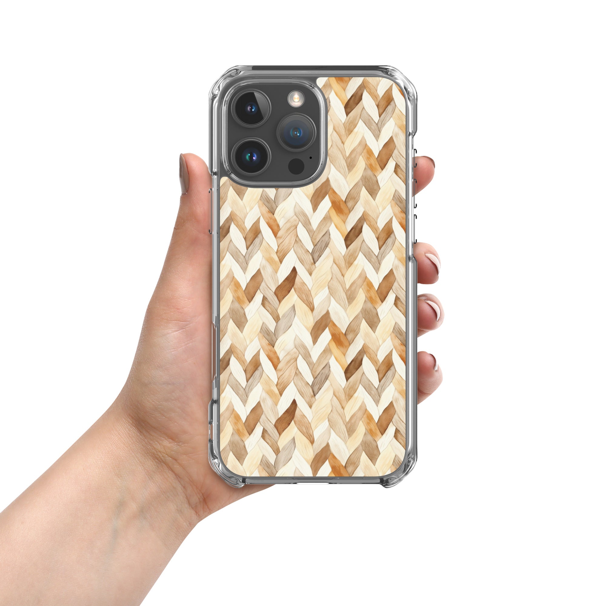 Cozy Knit Pattern Clear Case for iPhone 16 Pro Max - Neutral Braided Texture Protective Cover