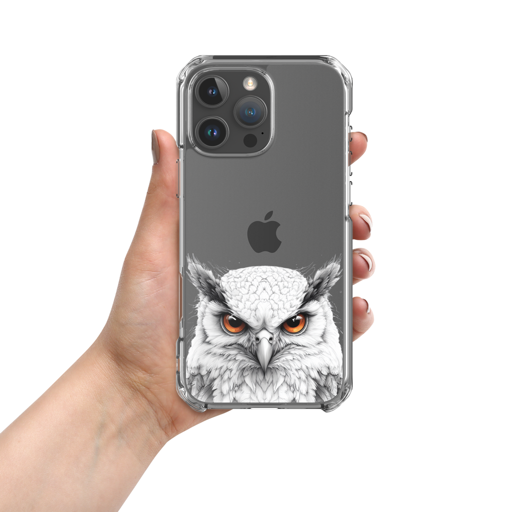 Snowy Owl Glare Clear Case for iPhone 16 Pro Max - Minimalist White Owl Illustration Protective Cover