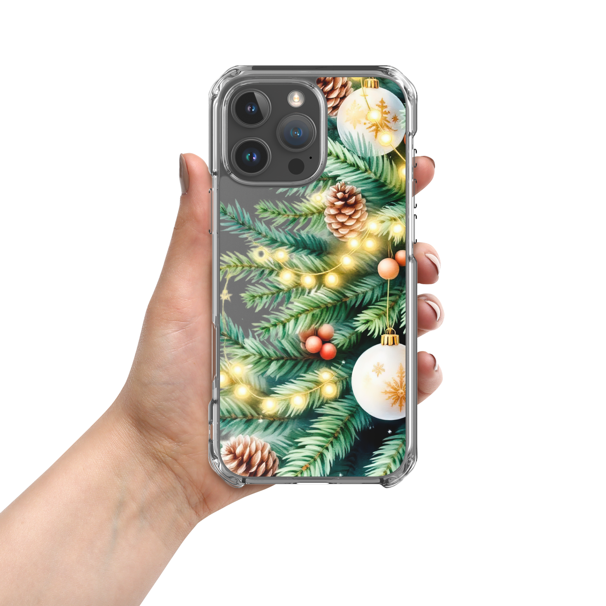 Holiday Pine Glow Clear Case for iPhone 16 Pro Max - Christmas Pine Branches & Warm Lights Protective Cover