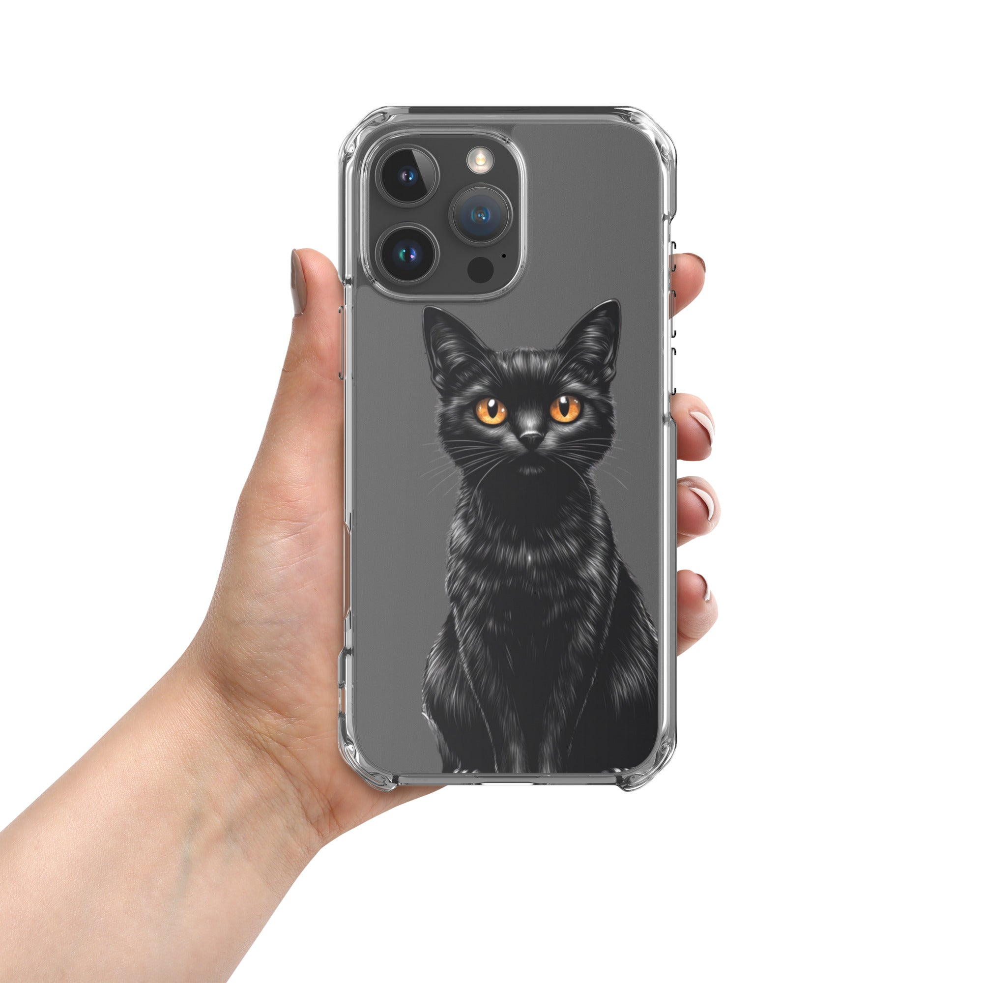 Midnight Black Cat Clear Case for iPhone 16 Pro Max - Elegant Black Cat Illustration Protective Cover