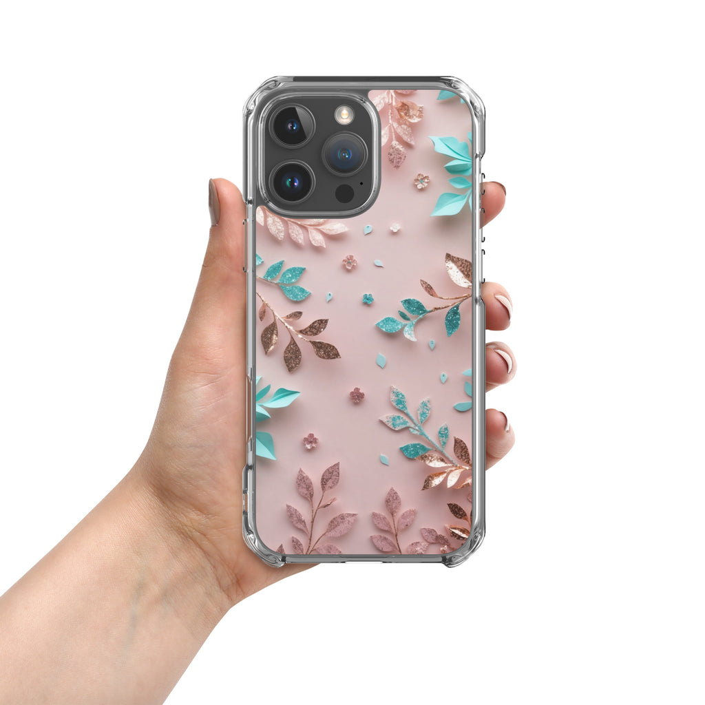 Blush Garden Glam Clear Case for iPhone 16 Pro Max - Pink & Teal Glitter Floral Protective Cover