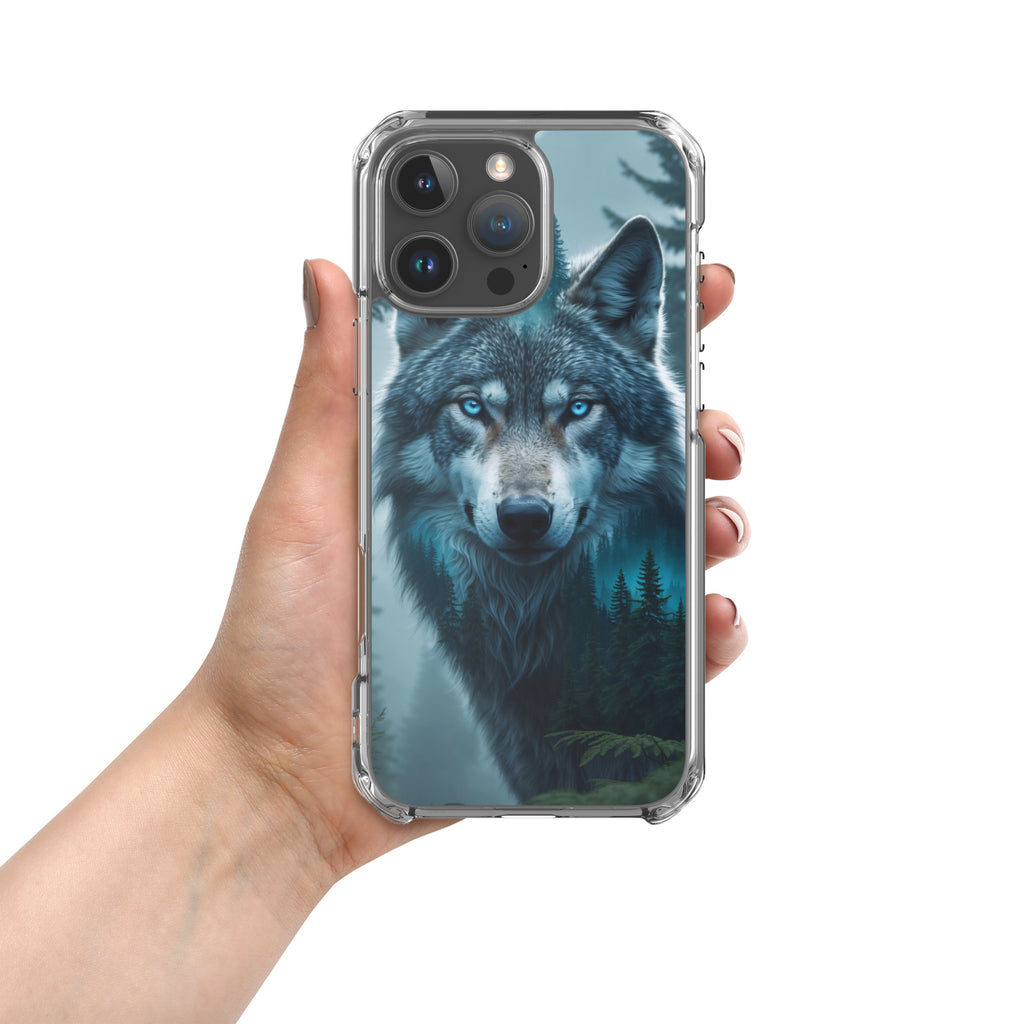 Arctic Forest Wolf Clear Case for iPhone 16 Pro Max - Blue-Eyed Wolf Nature Protective Cover