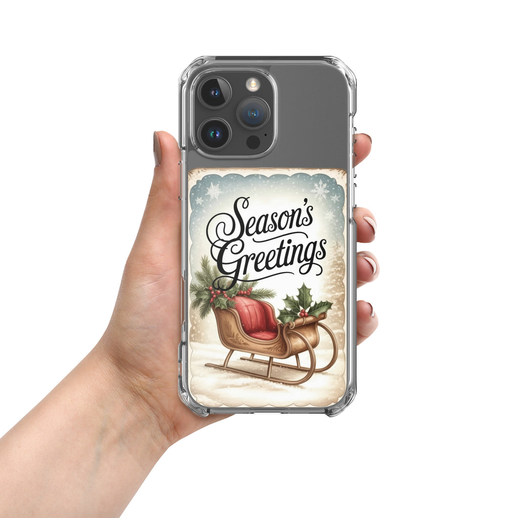 Season’s Greetings Vintage Holiday Clear Case for iPhone 16 Pro Max - Retro Christmas Sleigh Festive Cover