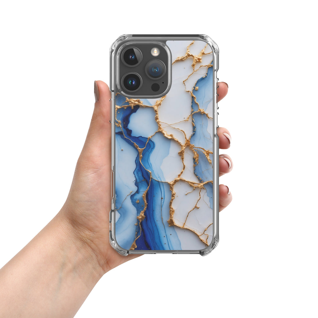 Royal Blue Marble Luxe Clear Case for iPhone 16 Pro Max - Luxury Blue & Gold Marble Protective Cover