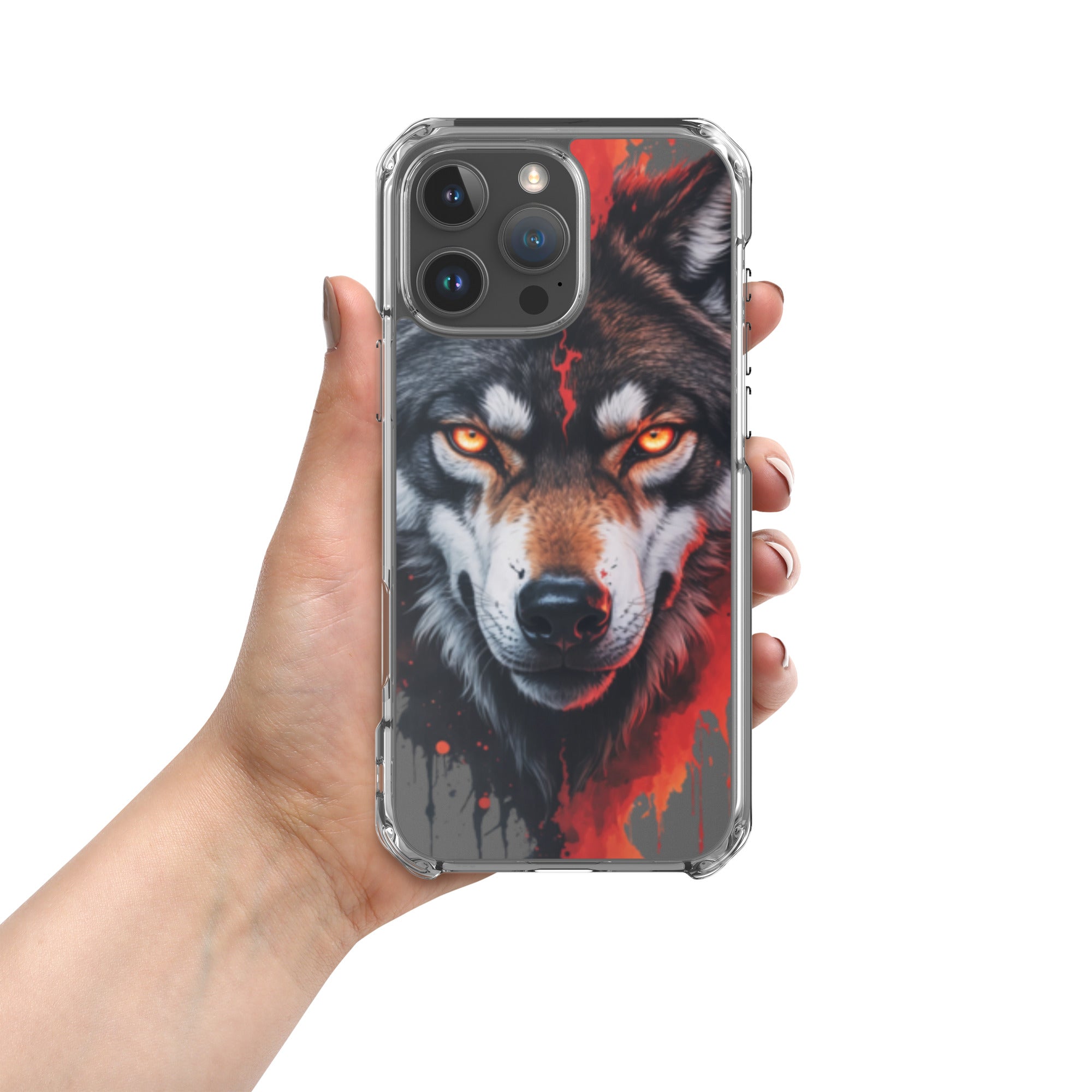 Dual Flame Wolf Clear Case for iPhone 16 Pro Max - Fierce Wolf Artwork Protective Cover