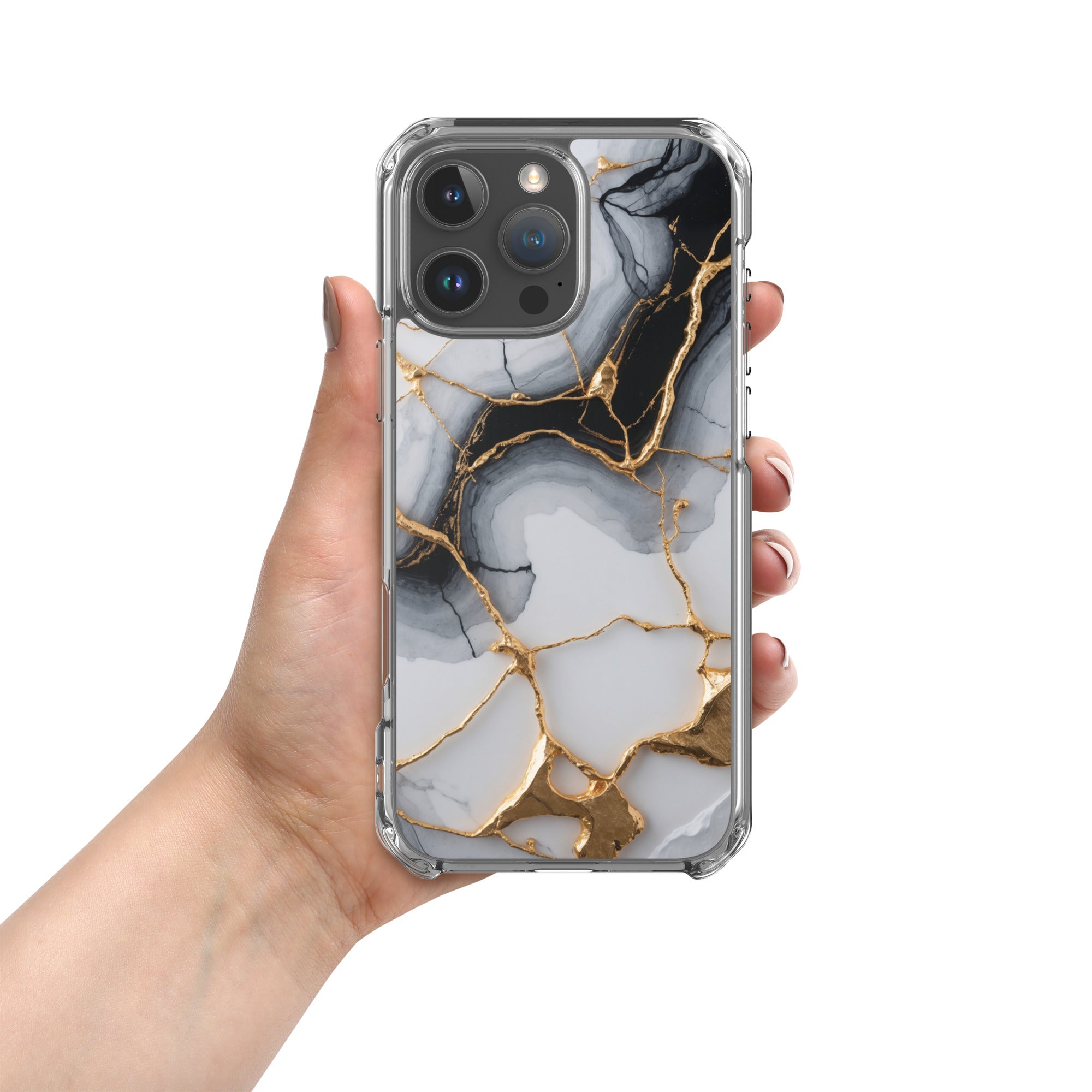 Golden Marble Veins Clear Case for iPhone 16 Pro Max - Luxury Black & White Marble Protective Cover