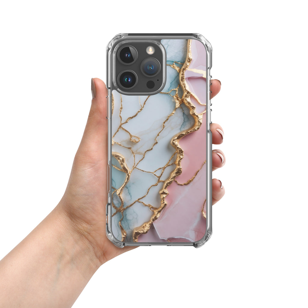 Pastel Golden Marble Fusion Clear Case for iPhone 16 Pro Max - Luxury Pink & Blue Marble Protective Cover