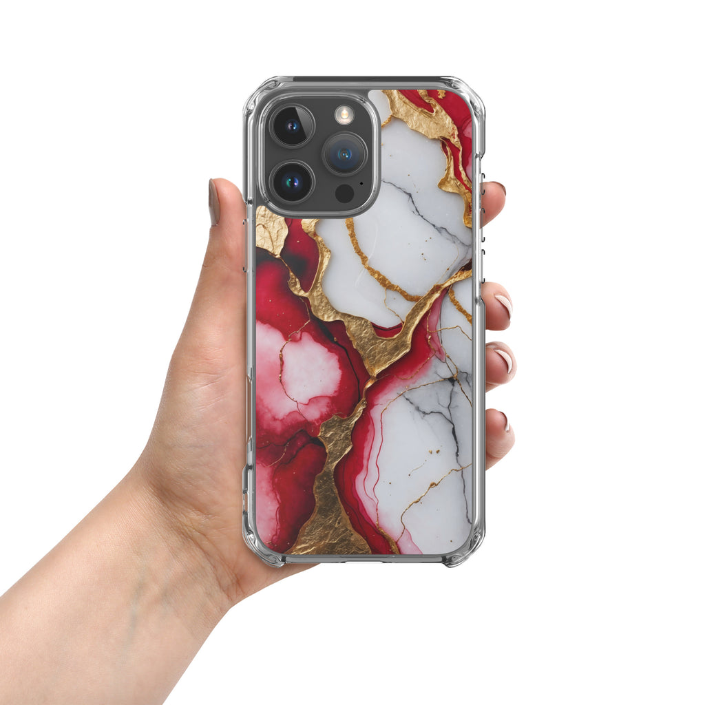 Crimson Golden Marble Luxe Clear Case for iPhone 16 Pro Max - Luxury Red & Gold Marble Protective Cover