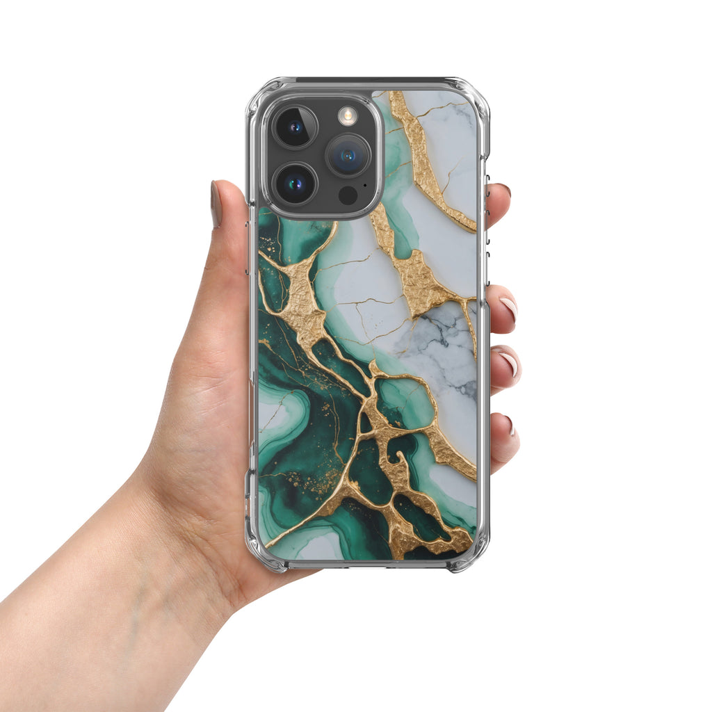 Emerald Golden Marble Flow Clear Case for iPhone 16 Pro Max - Luxury Green & Gold Marble Protective Cover