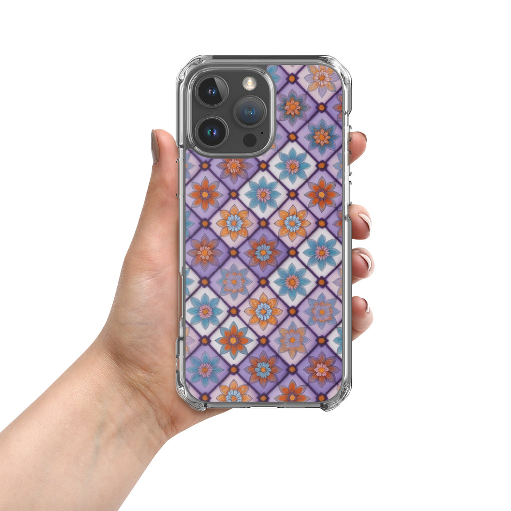 Violet Mosaic Blooms Clear Case for iPhone 16 Pro Max - Colorful Floral Pattern Protective Cover