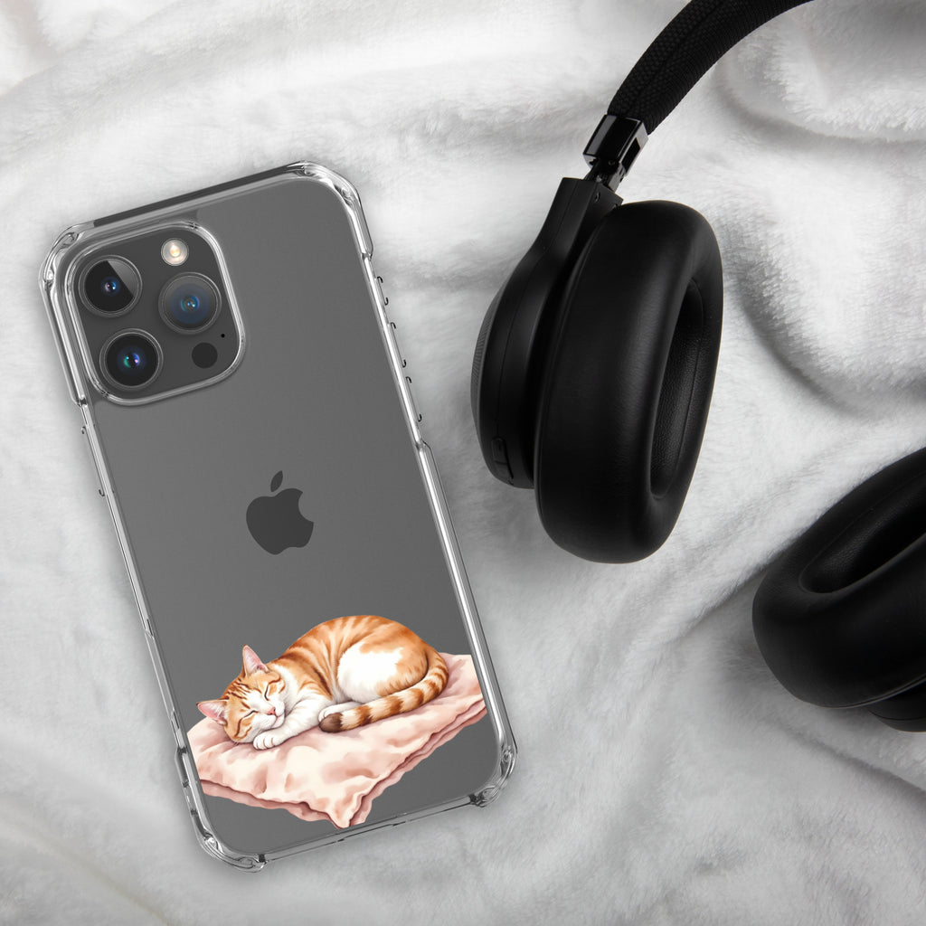 Sleepy Cat on Pillow Clear Case for iPhone 16 Pro Max - Cute Cozy Kitty Illustration Protective Cover