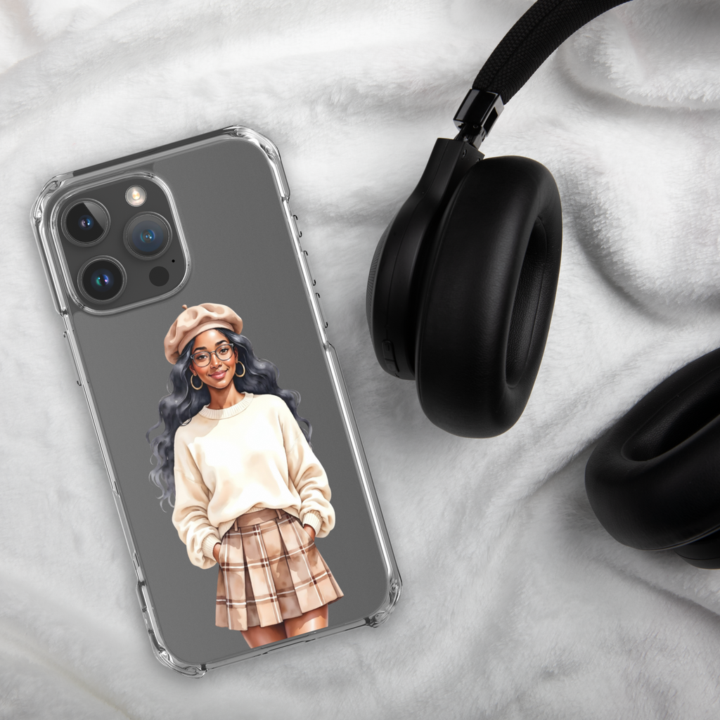 Cozy Plaid Autumn Girl Clear Case for iPhone 16 Pro Max - Fashion Illustration Protective Cover