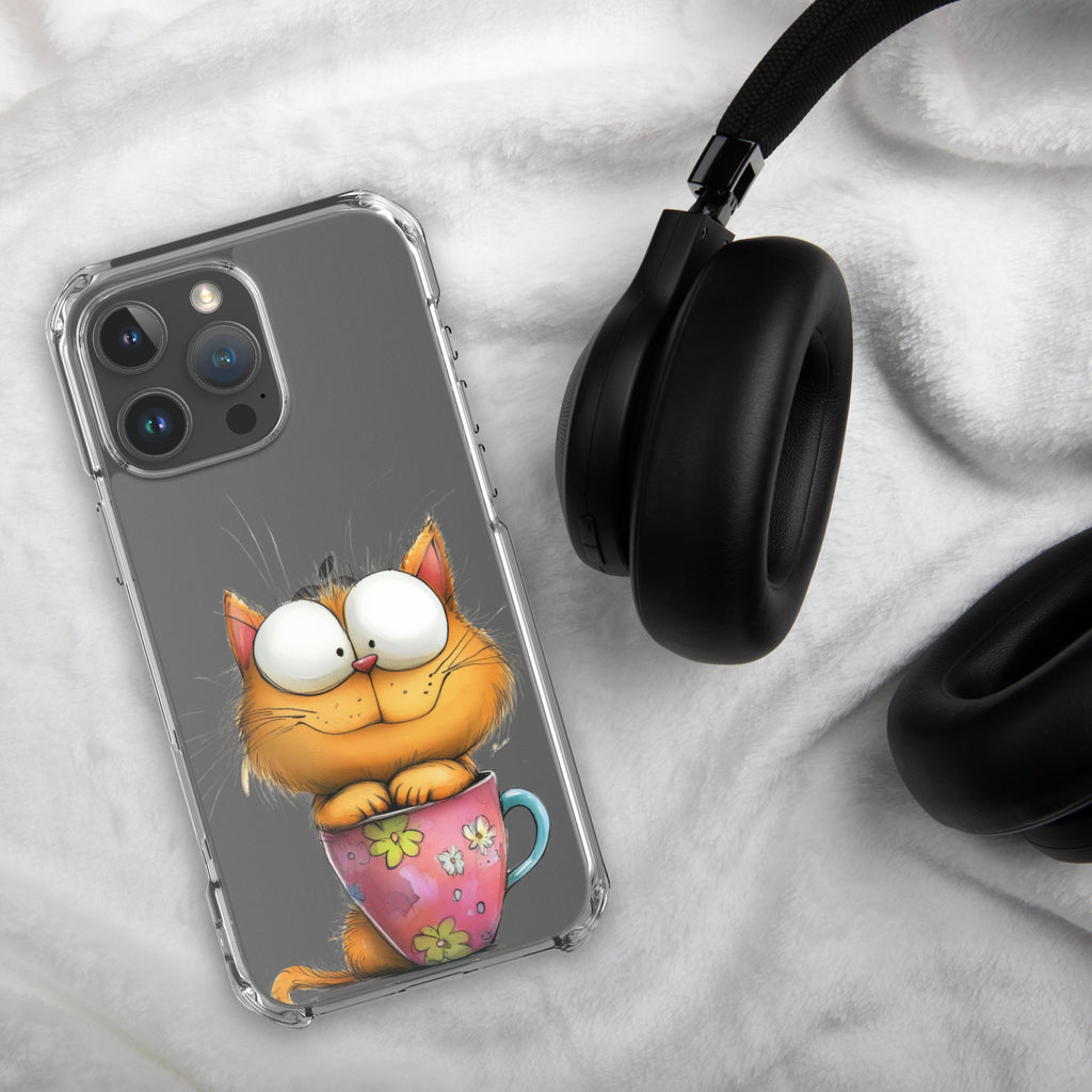 Goofy Cat in Cup Clear Case for iPhone 16 Pro Max - Funny Cartoon Kitty Protective Cover