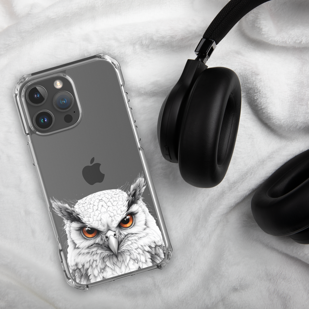 Snowy Owl Glare Clear Case for iPhone 16 Pro Max - Minimalist White Owl Illustration Protective Cover