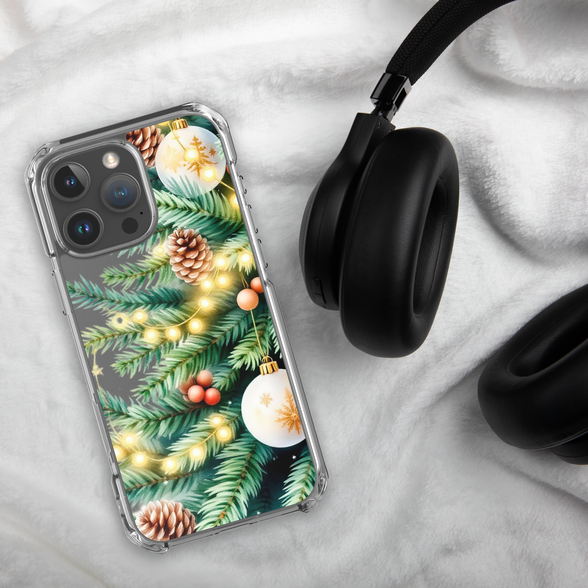 Holiday Pine Glow Clear Case for iPhone 16 Pro Max - Christmas Pine Branches & Warm Lights Protective Cover