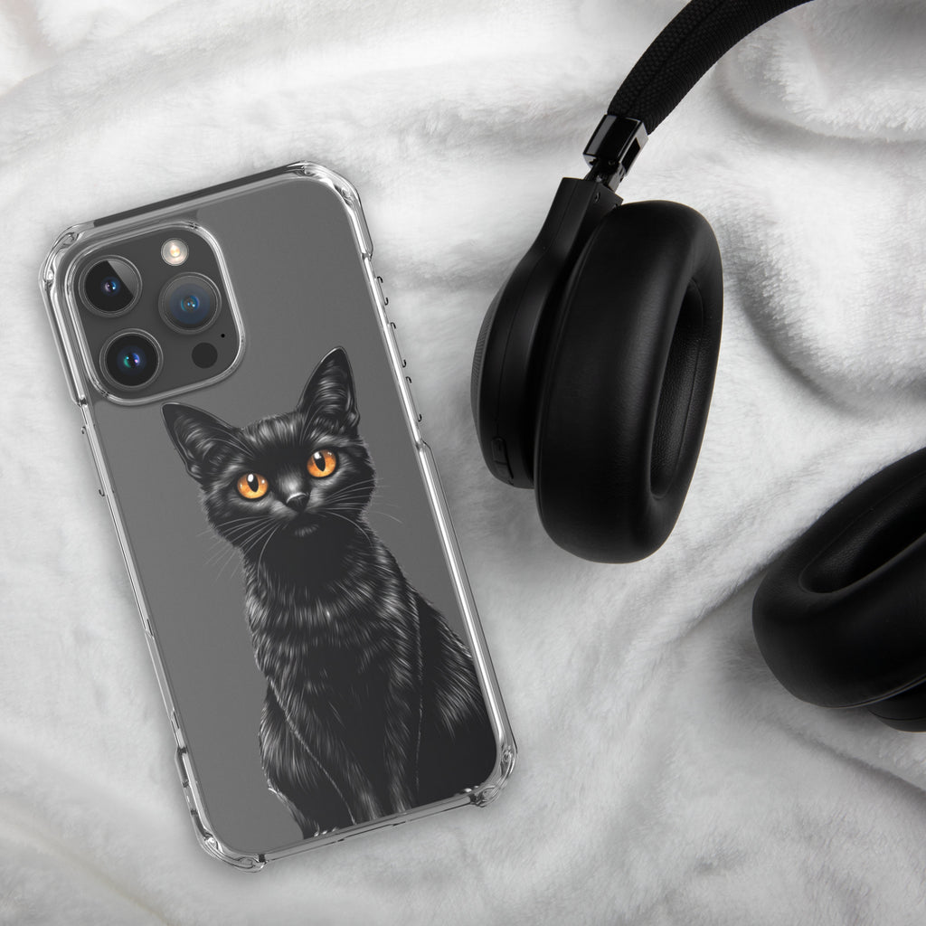 Midnight Black Cat Clear Case for iPhone 16 Pro Max - Elegant Black Cat Illustration Protective Cover