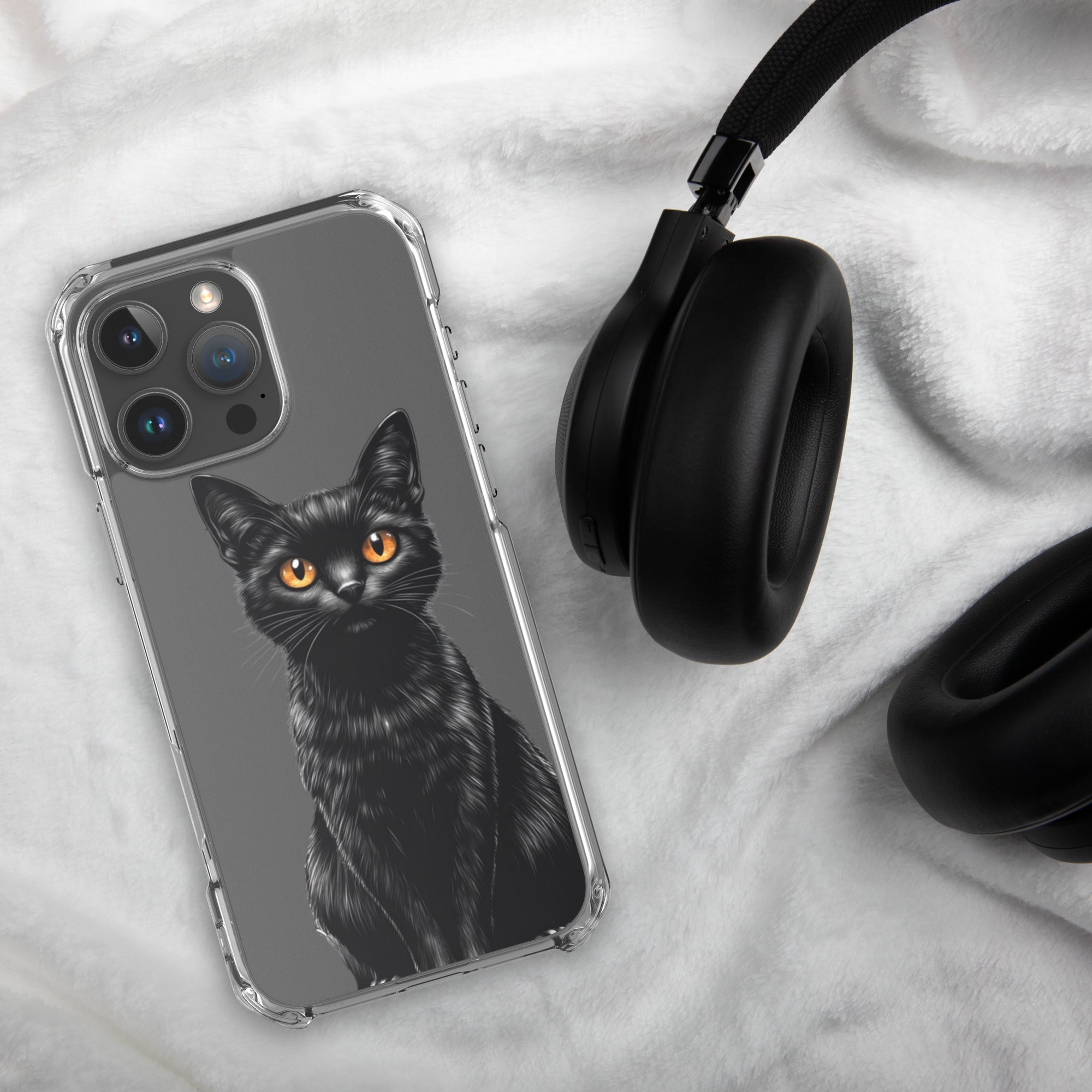 Midnight Black Cat Clear Case for iPhone 16 Pro Max - Elegant Black Cat Illustration Protective Cover