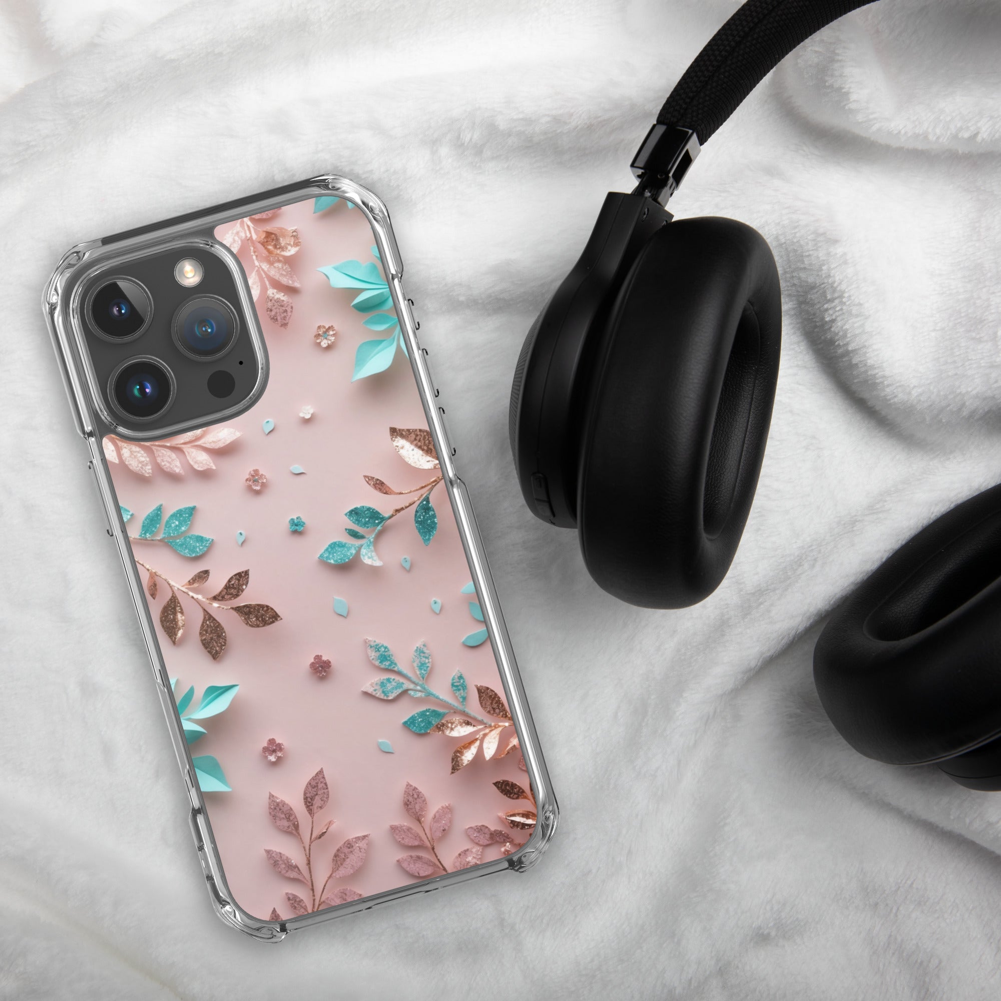 Blush Garden Glam Clear Case for iPhone 16 Pro Max - Pink & Teal Glitter Floral Protective Cover