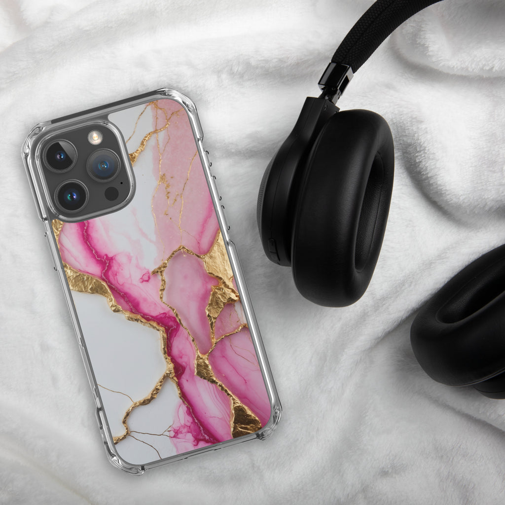 Pink Golden Marble Luxe Clear Case for iPhone 16 Pro Max - Luxury Pink & Gold Marble Protective Cover