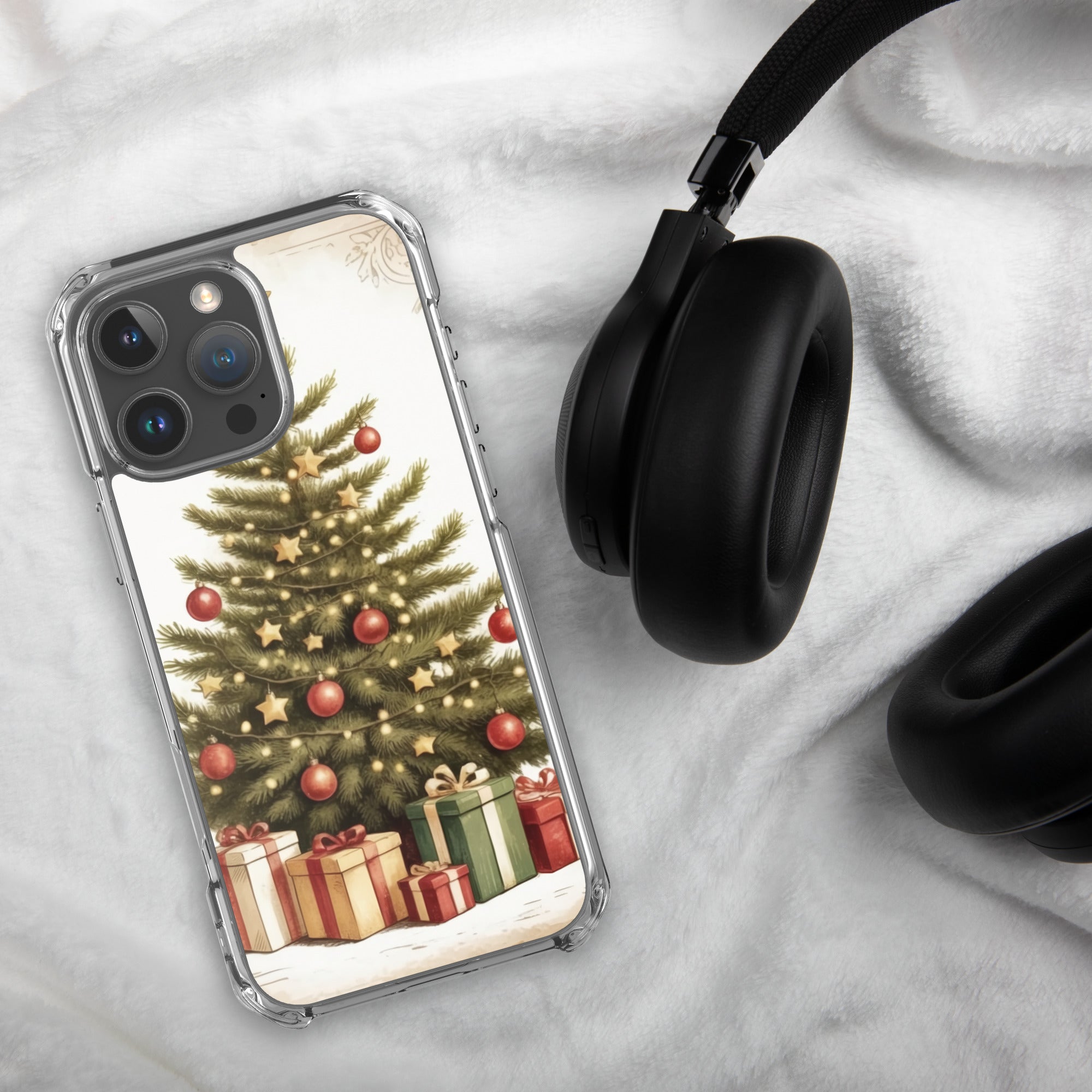 Vintage Christmas Tree Clear Case for iPhone 16 Pro Max - Festive Holiday Tree & Gifts Protective Cover