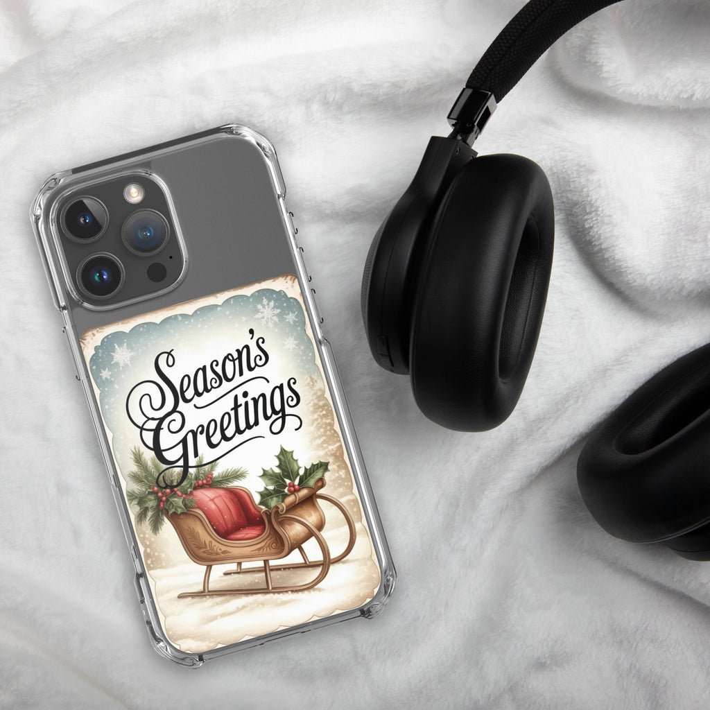 Season’s Greetings Vintage Holiday Clear Case for iPhone 16 Pro Max - Retro Christmas Sleigh Festive Cover