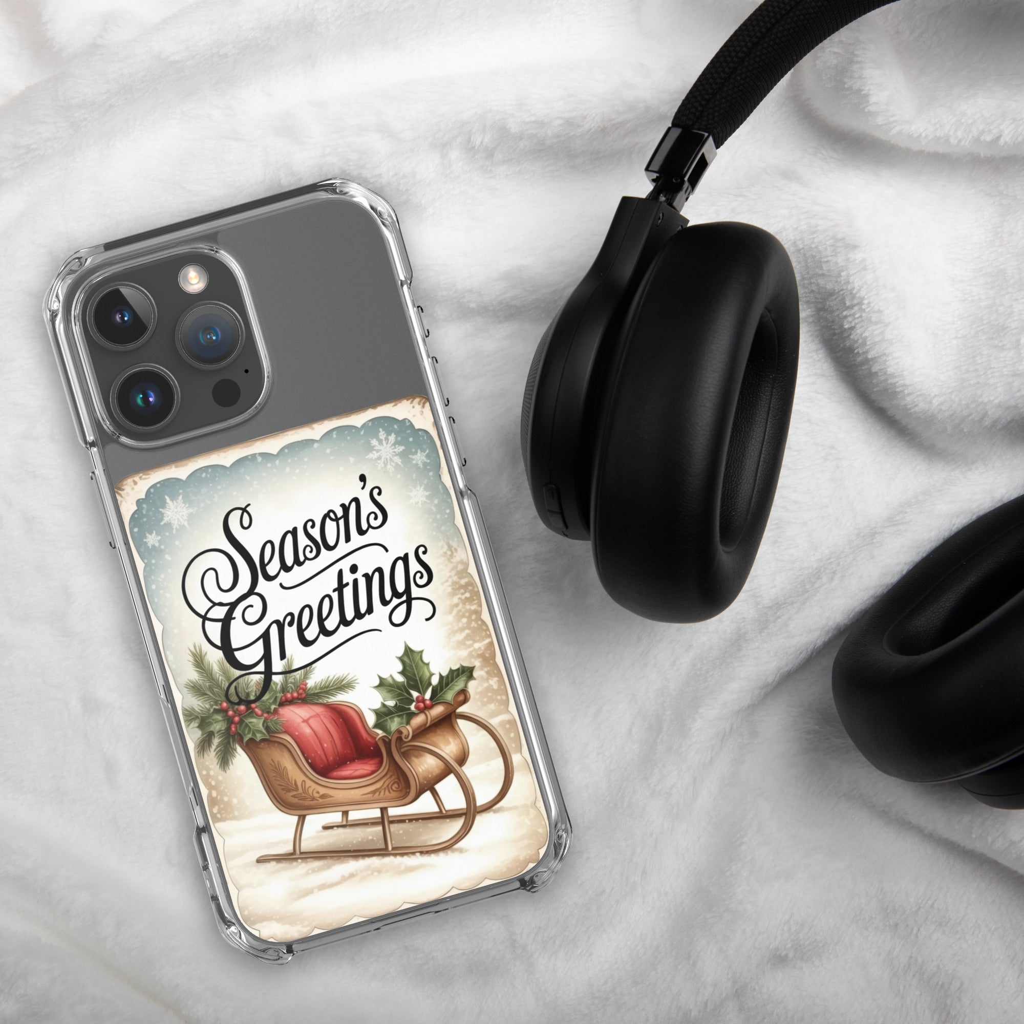Season’s Greetings Vintage Holiday Clear Case for iPhone 16 Pro Max - Retro Christmas Sleigh Festive Cover