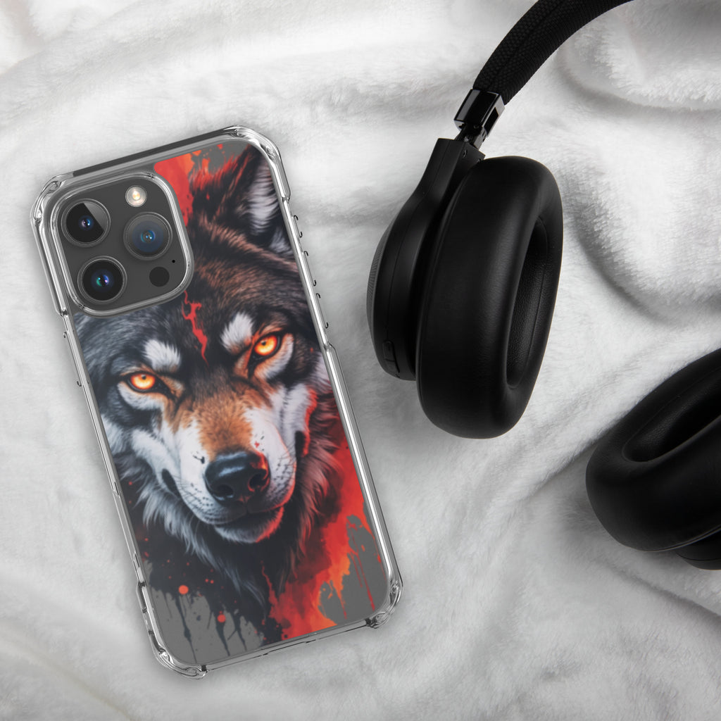 Dual Flame Wolf Clear Case for iPhone 16 Pro Max - Fierce Wolf Artwork Protective Cover