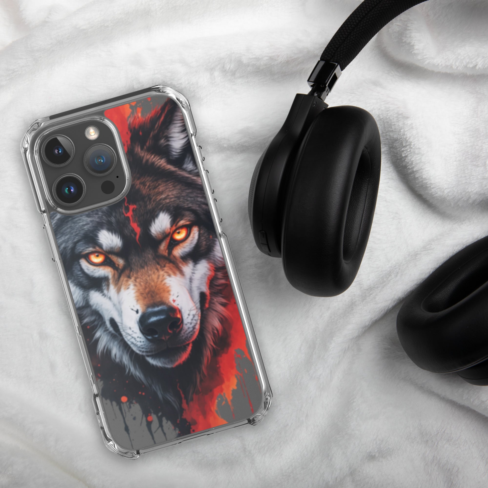 Dual Flame Wolf Clear Case for iPhone 16 Pro Max - Fierce Wolf Artwork Protective Cover