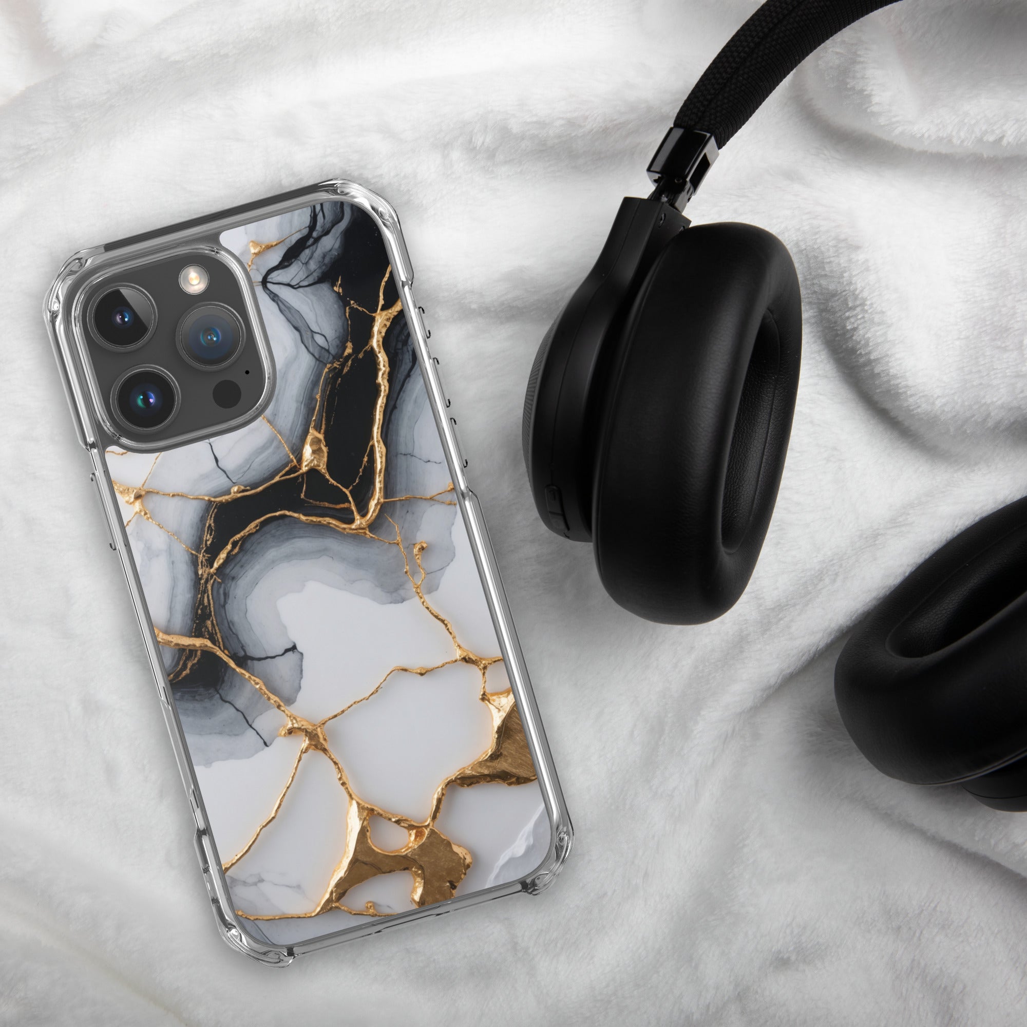 Golden Marble Veins Clear Case for iPhone 16 Pro Max - Luxury Black & White Marble Protective Cover