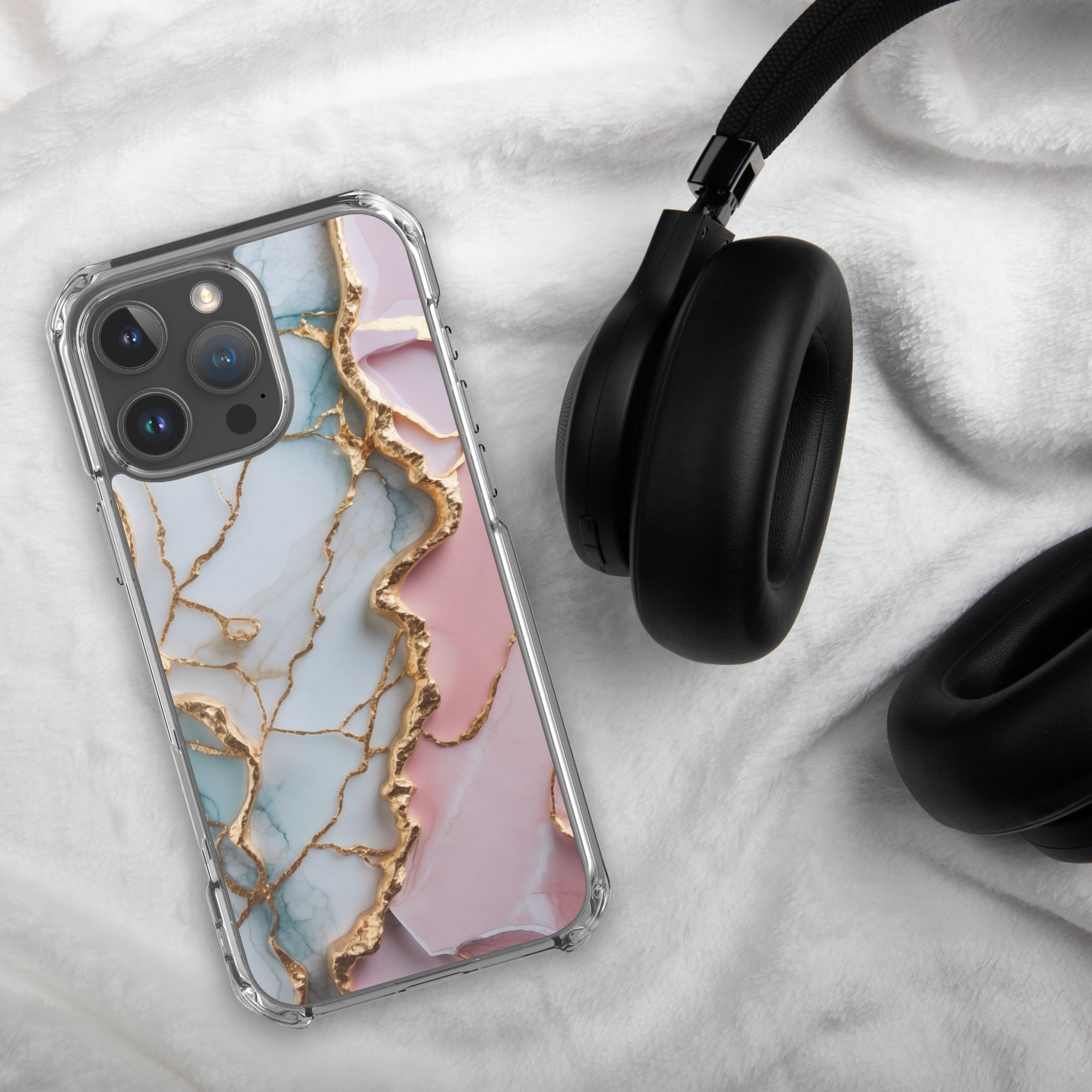 Pastel Golden Marble Fusion Clear Case for iPhone 16 Pro Max - Luxury Pink & Blue Marble Protective Cover