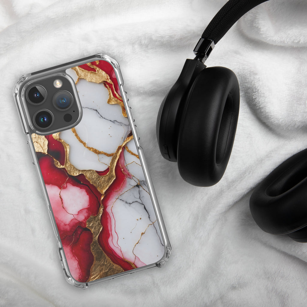 Crimson Golden Marble Luxe Clear Case for iPhone 16 Pro Max - Luxury Red & Gold Marble Protective Cover