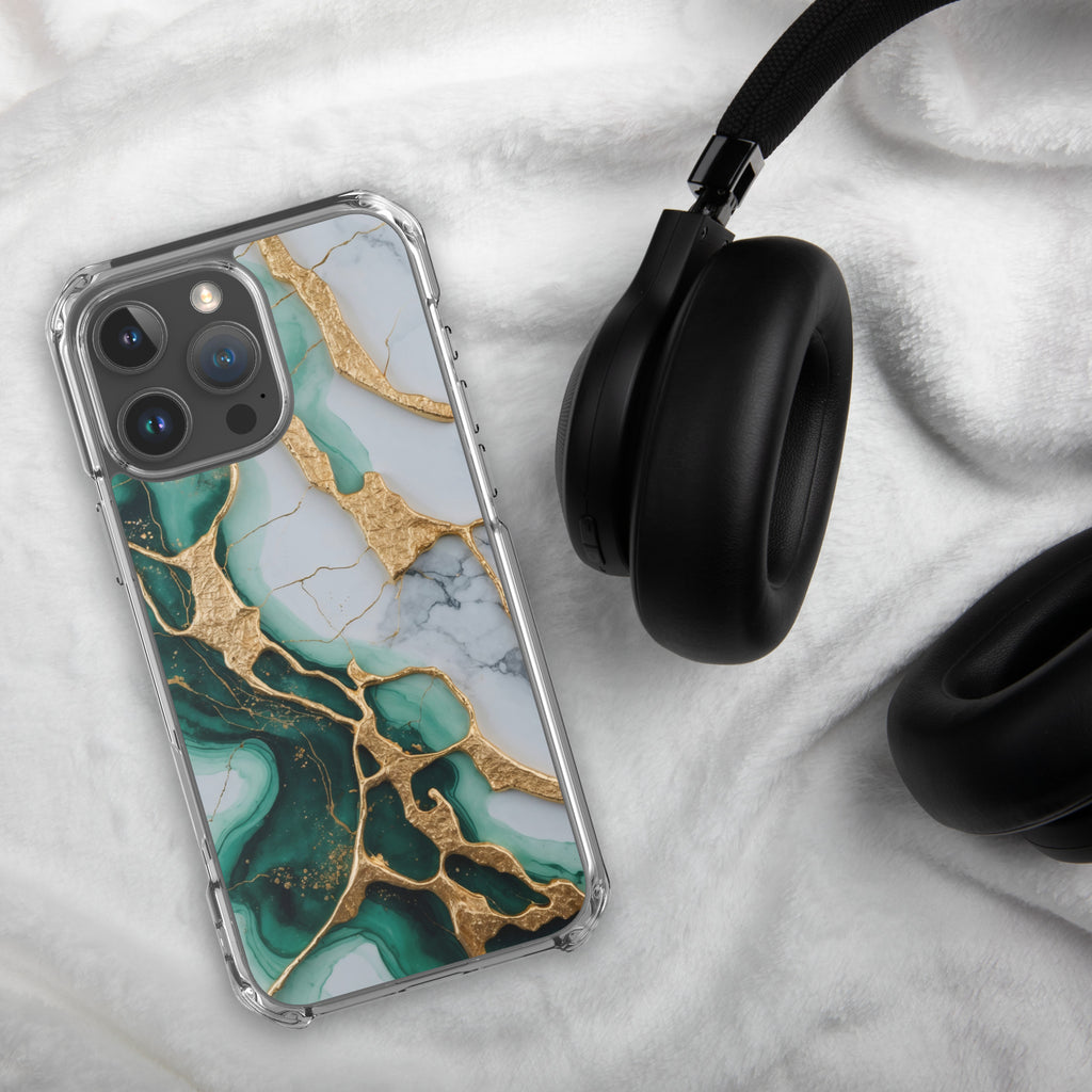 Emerald Golden Marble Flow Clear Case for iPhone 16 Pro Max - Luxury Green & Gold Marble Protective Cover