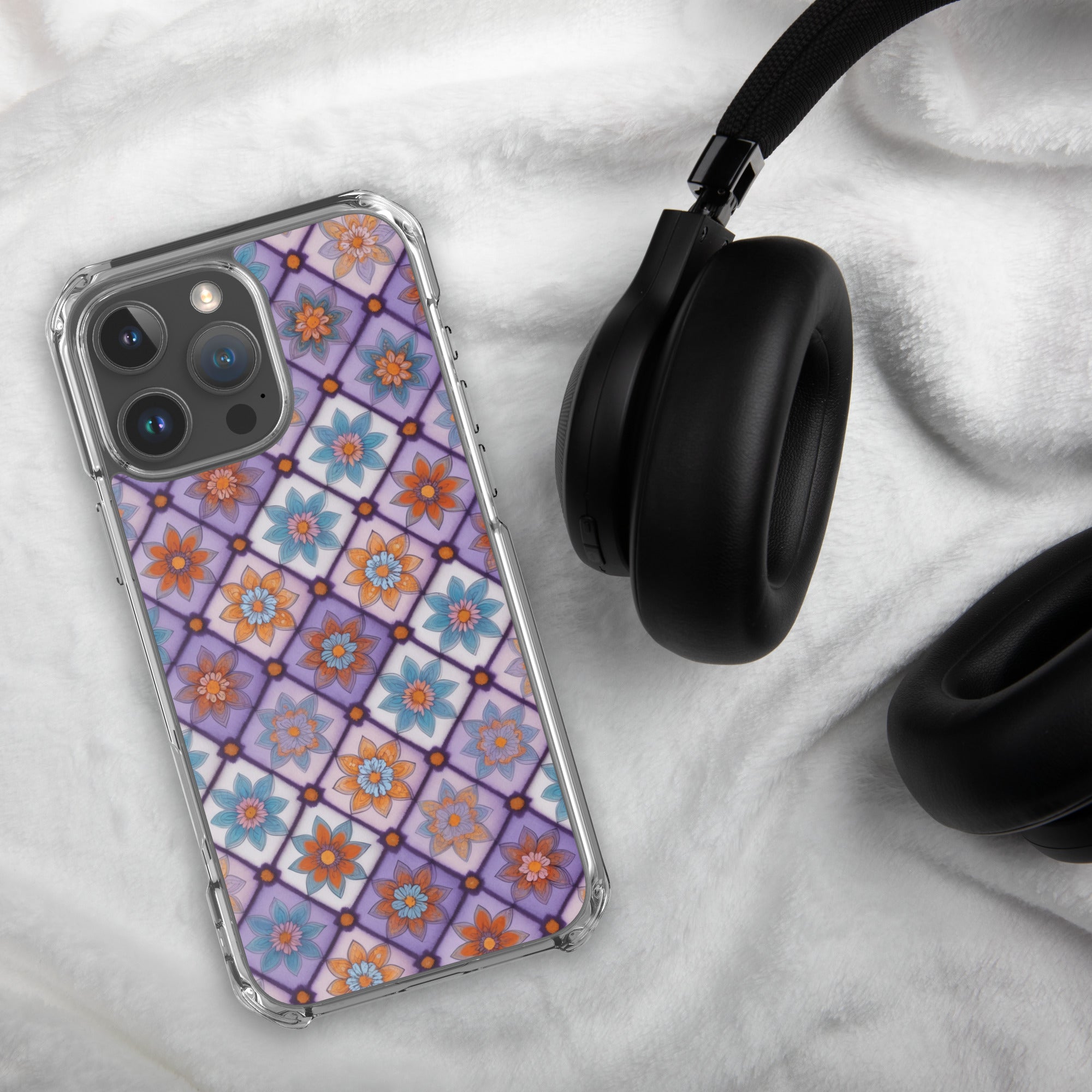 Violet Mosaic Blooms Clear Case for iPhone 16 Pro Max - Colorful Floral Pattern Protective Cover