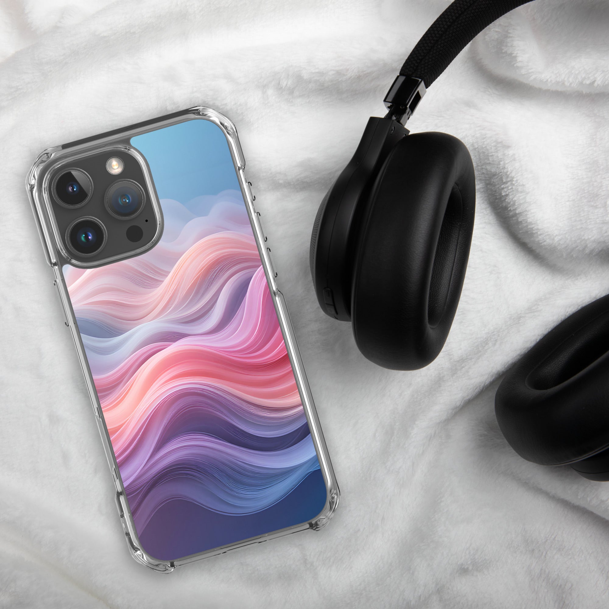 Velvet Currents Dream Clear Case for iPhone 16 Pro Max - Abstract Pink & Blue Waves Protective Cover