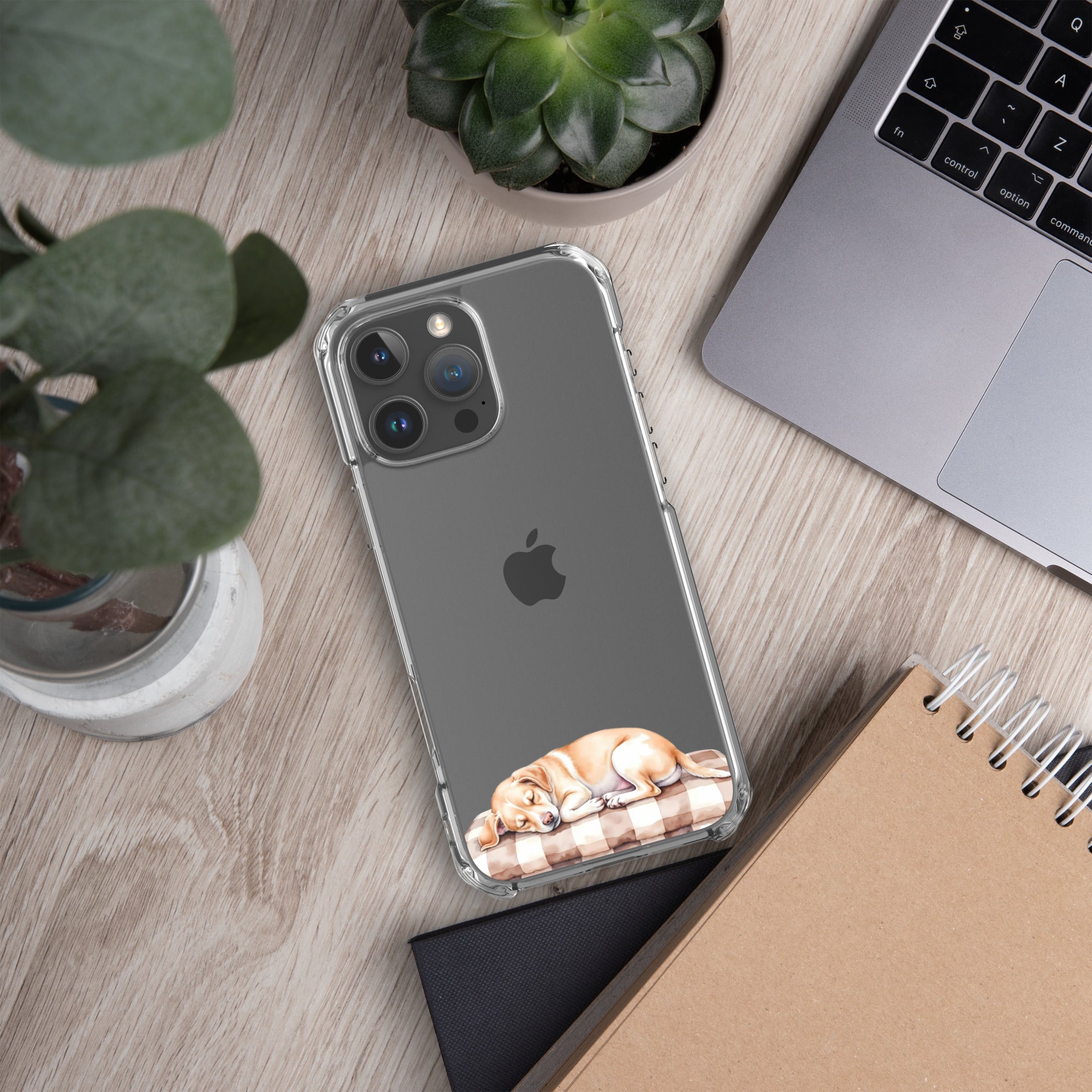 Sleepy Dog on Checkered Blanket Clear Case for iPhone 16 Pro Max - Cute Cozy Puppy Illustration Protective Cover