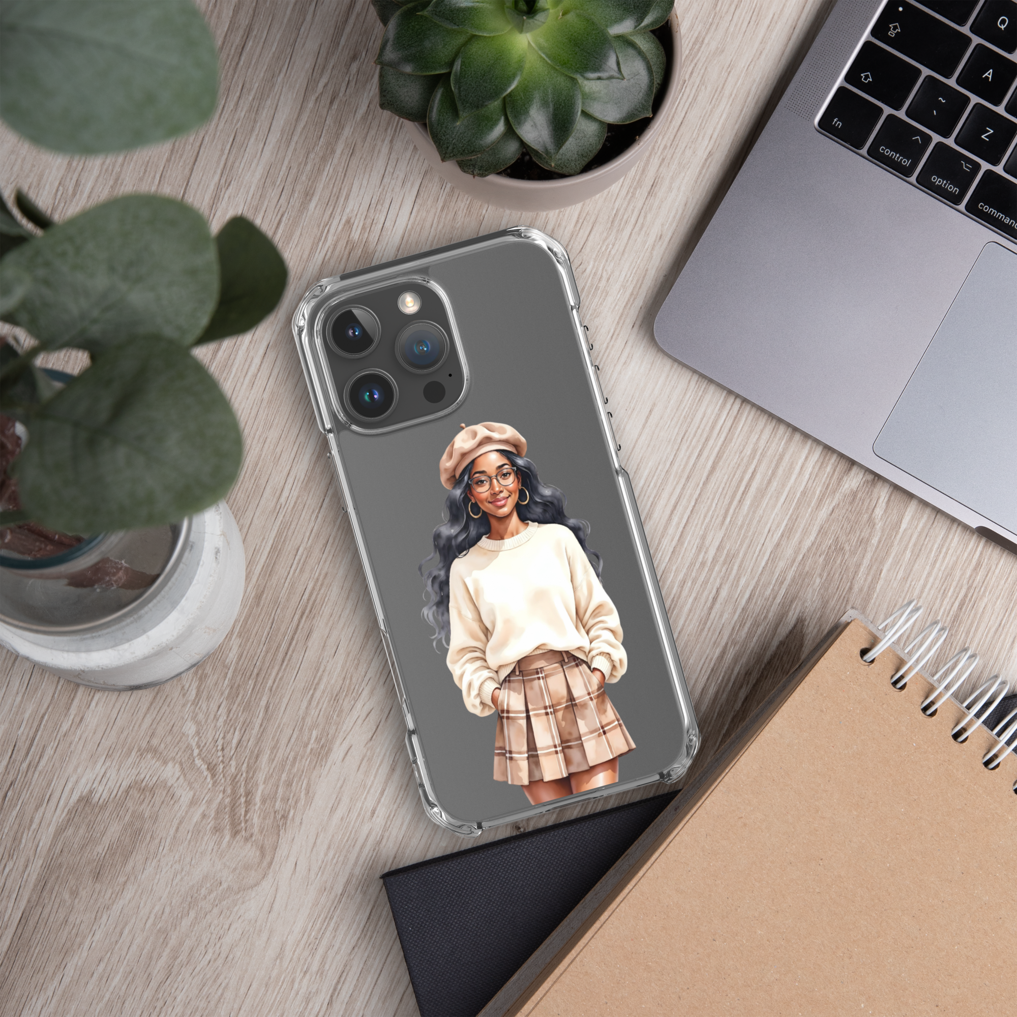 Cozy Plaid Autumn Girl Clear Case for iPhone 16 Pro Max - Fashion Illustration Protective Cover
